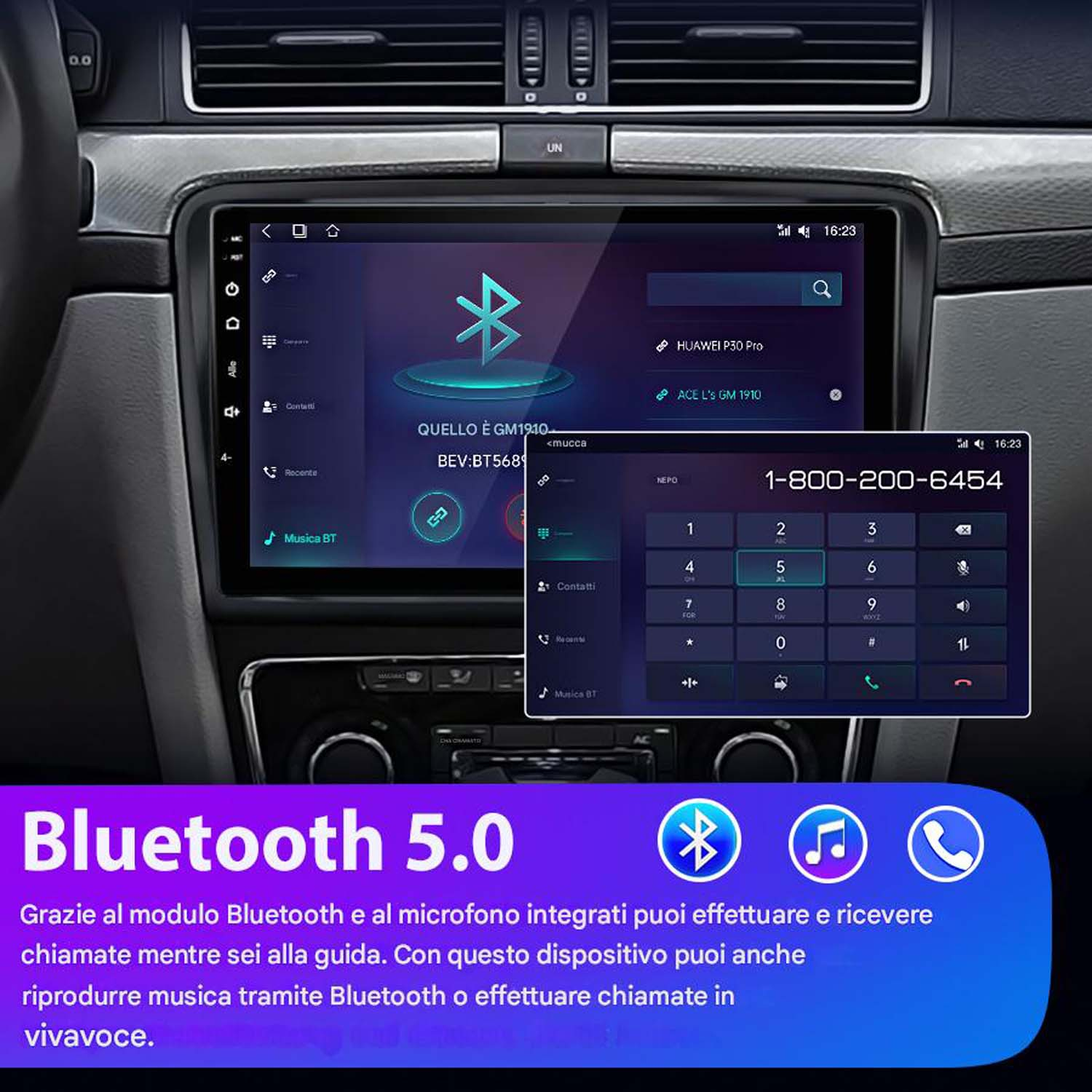 Schermo stereo auto con interfaccia Bluetooth 5.0, che mostra i controlli del telefono e della musica con un tastierino numerico.