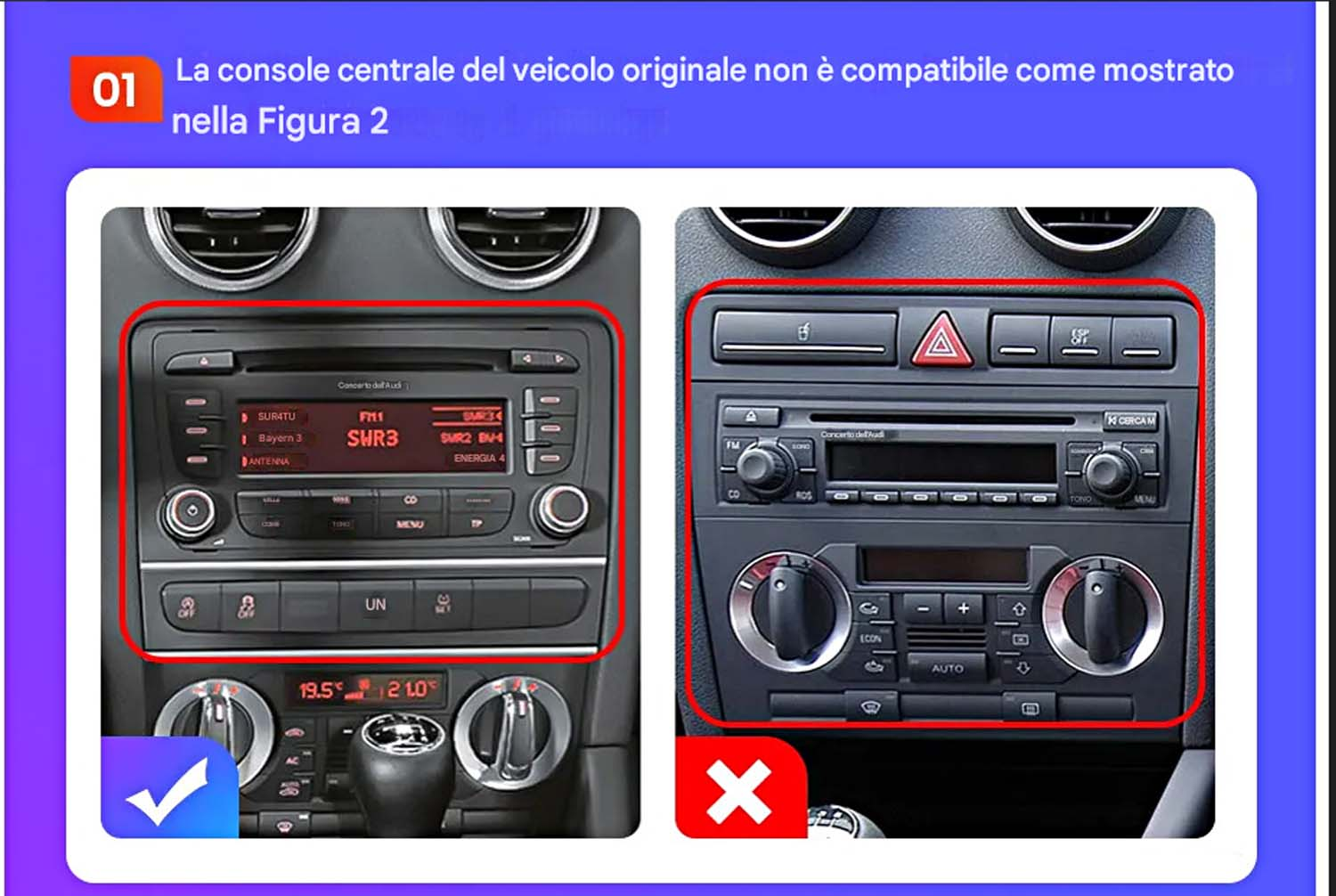 Confronti del cruscotto dell'auto. L'immagine mostra la console originale dell'auto e il nuovo sistema multimediale.