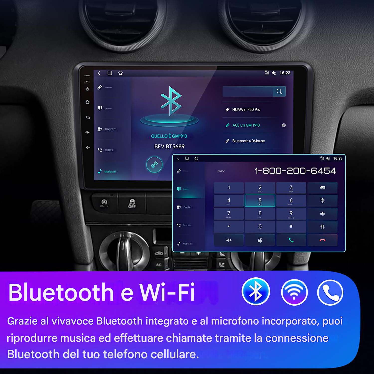 Schermo auto con funzioni Bluetooth e Wi-Fi, tastierino e opzioni telefono.