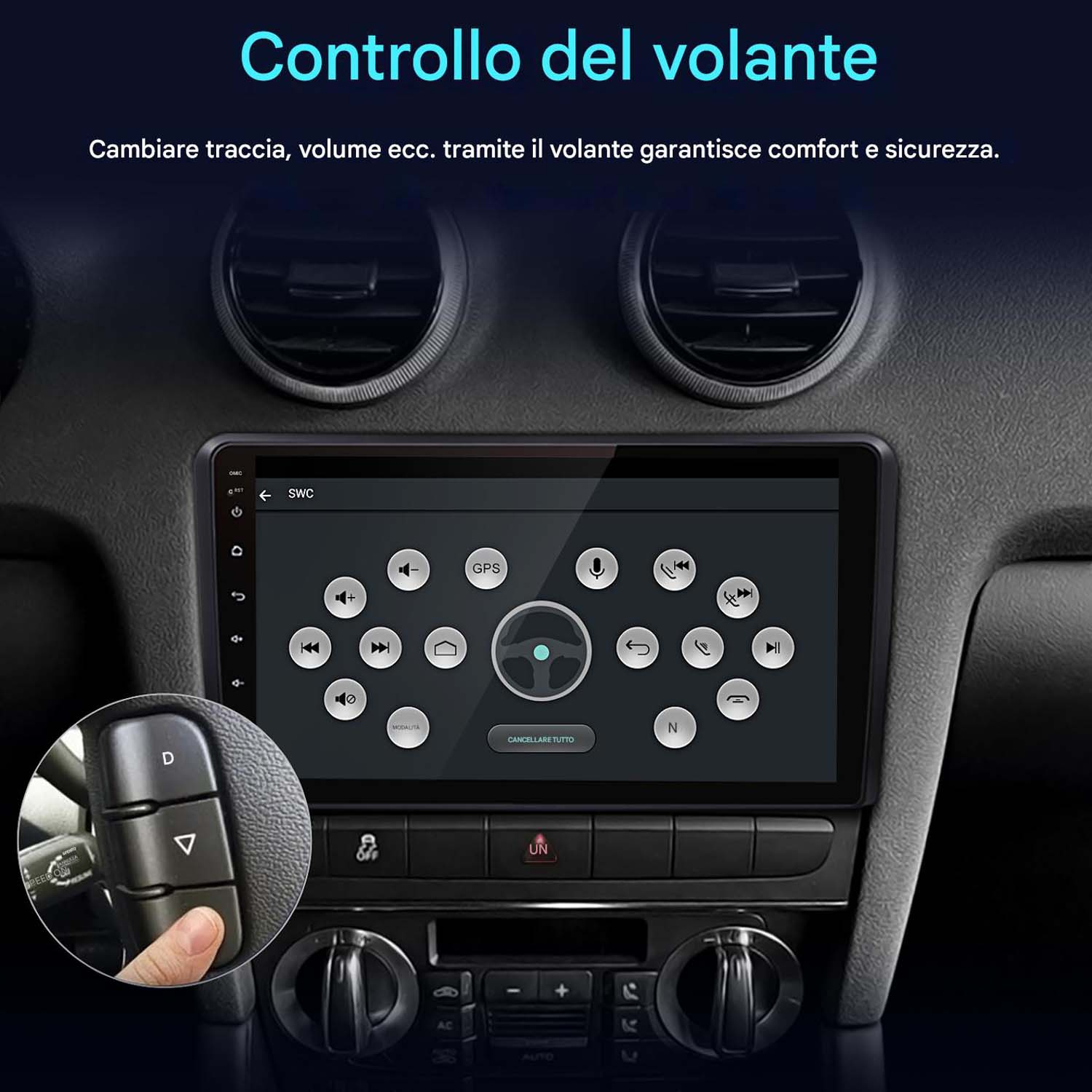 Cruscotto auto con schermo che mostra le impostazioni. Una mano interagisce con il controllo del volante.