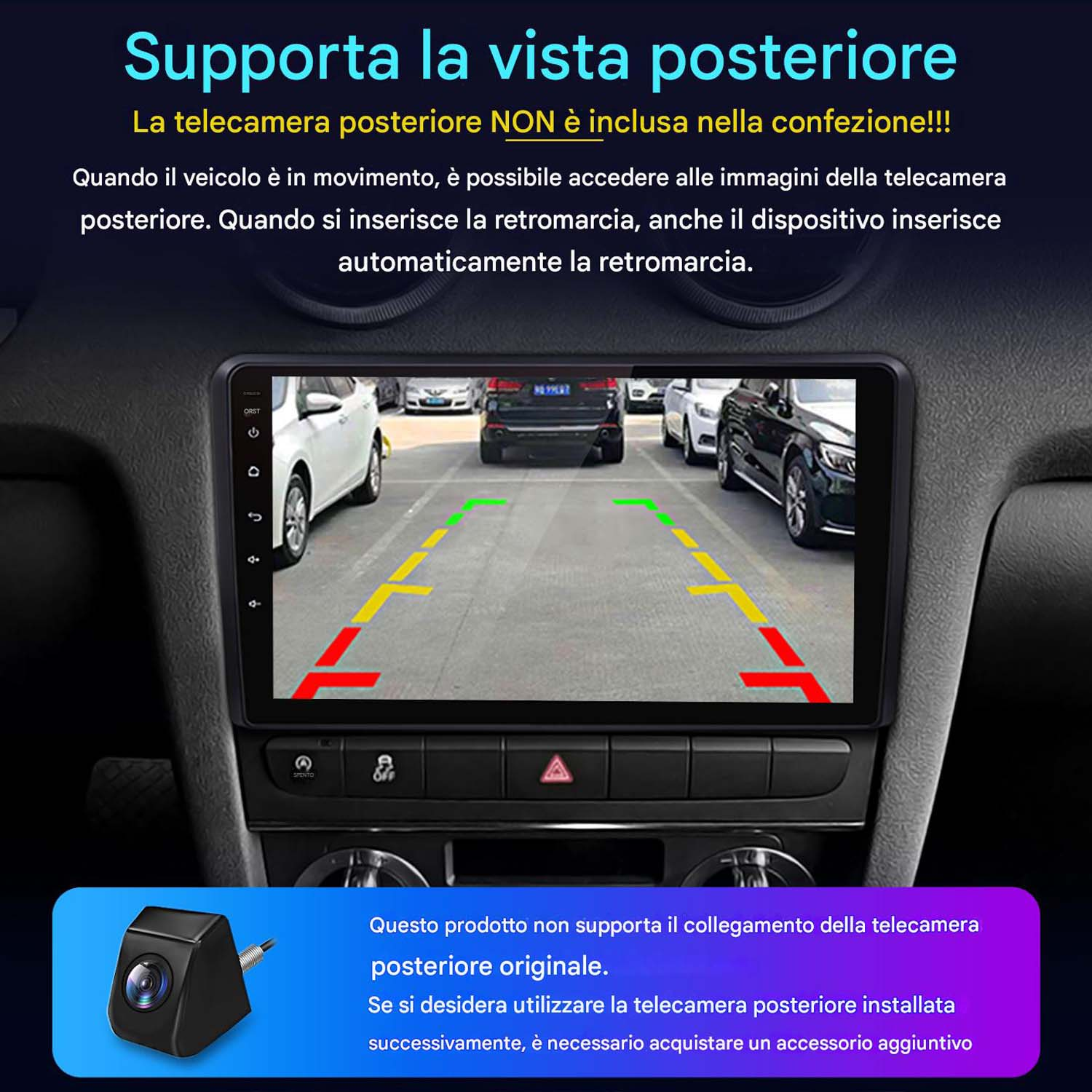 Schermo autoradio con telecamera posteriore e linee di parcheggio, testo italiano e icona fotocamera.