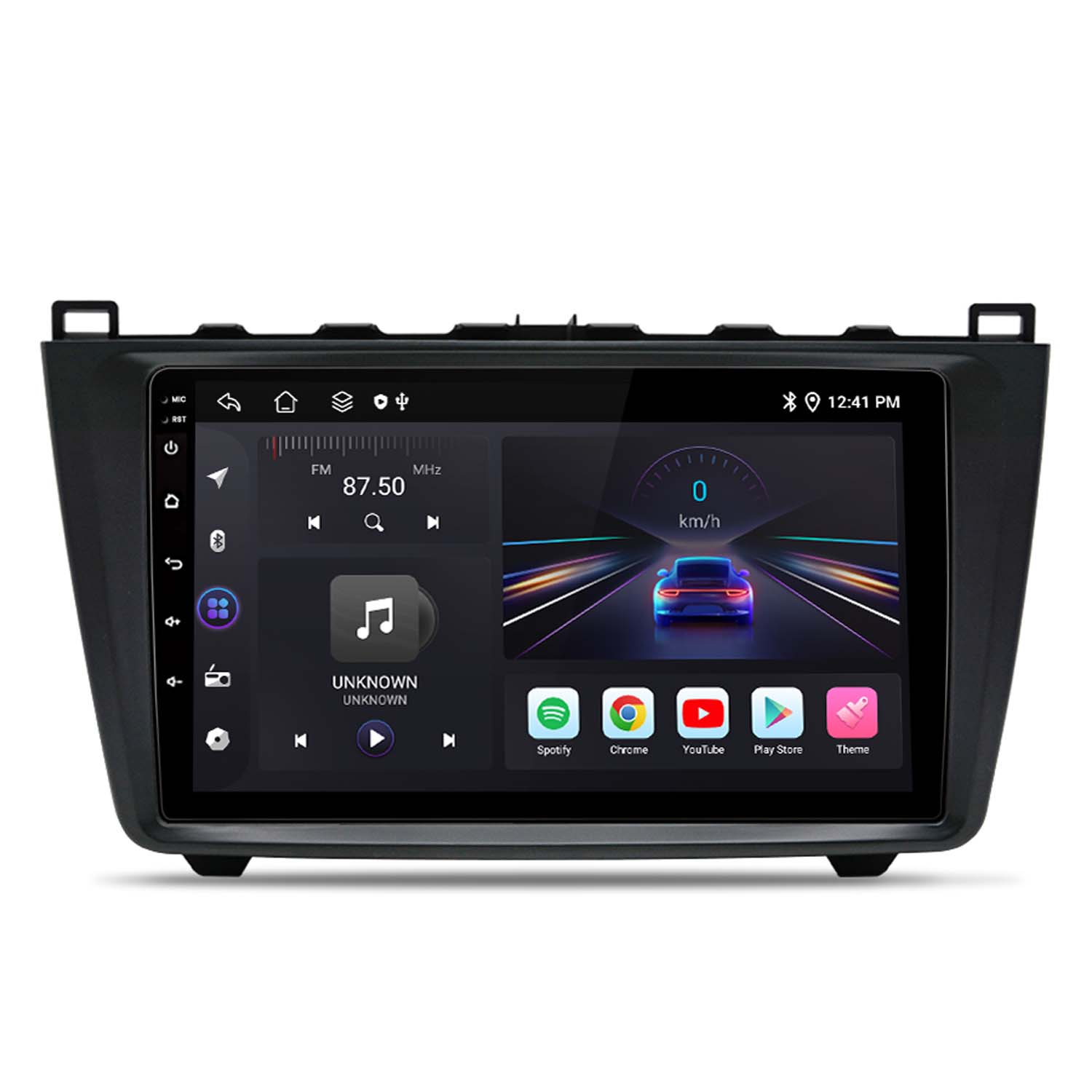 Sistema multimediale per auto con uno schermo che mostra icone di radio, musica e app. Il design è elegante e moderno.