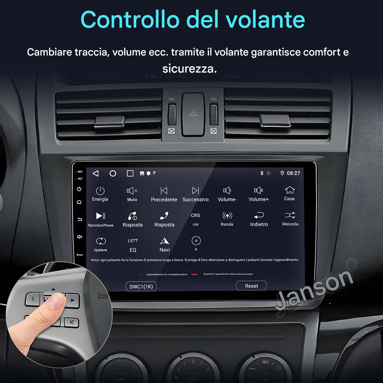 Interfaccia dello schermo dell'auto con comandi al volante. Una mano tocca il pulsante.