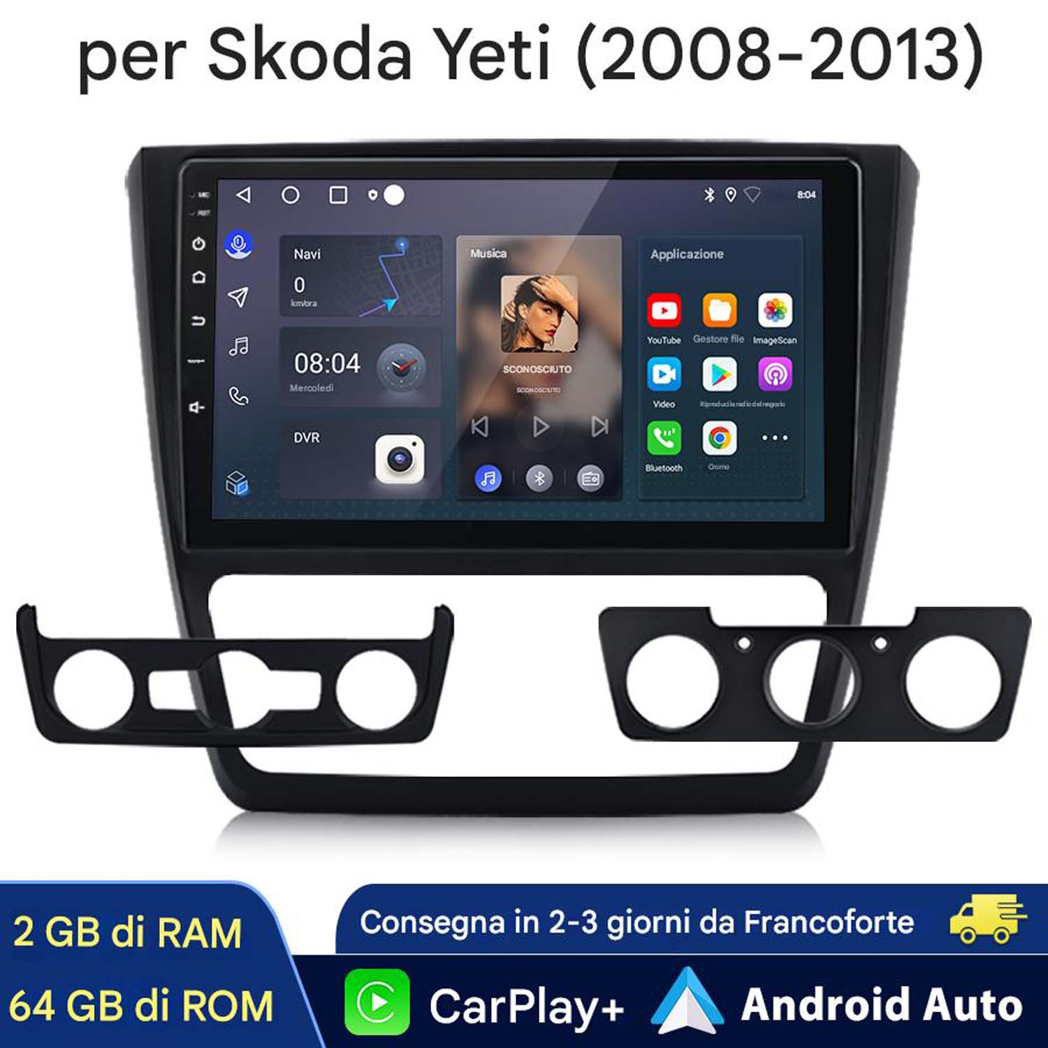 Autoradio con interfaccia musicale, icone delle applicazioni e uno schermo che mostra informazioni.