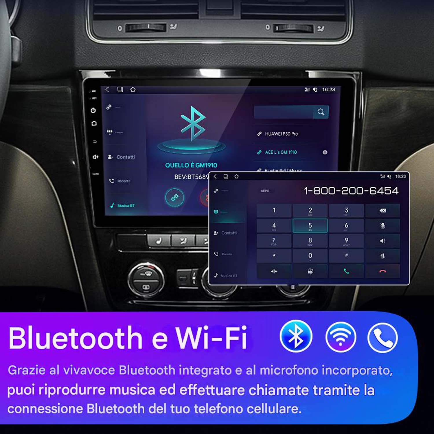Schermo autoradio con funzionalità Bluetooth e Wi-Fi e un'interfaccia telefonica. È visibile anche un tastierino numerico.