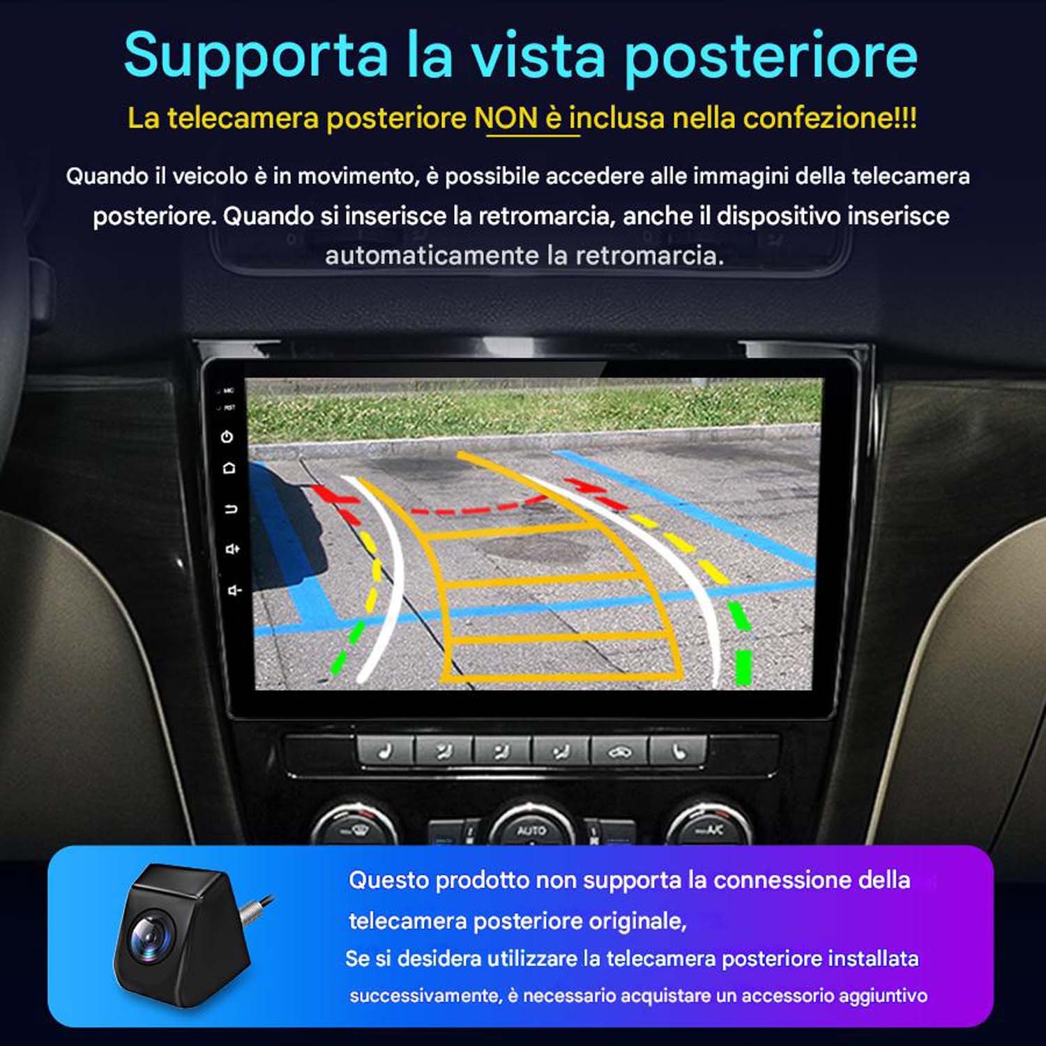 Schermo stereo auto che mostra la visualizzazione della telecamera posteriore con le linee di parcheggio. Nota: telecamera non inclusa.