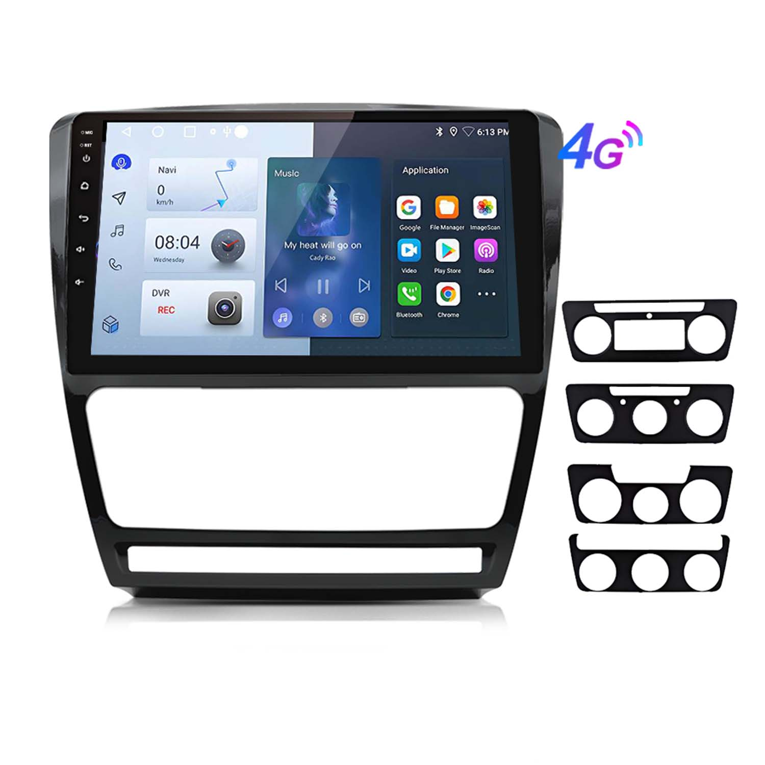Schermo auto con interfaccia, icone per musica, video, app e segnale 4G. Cornice nera.