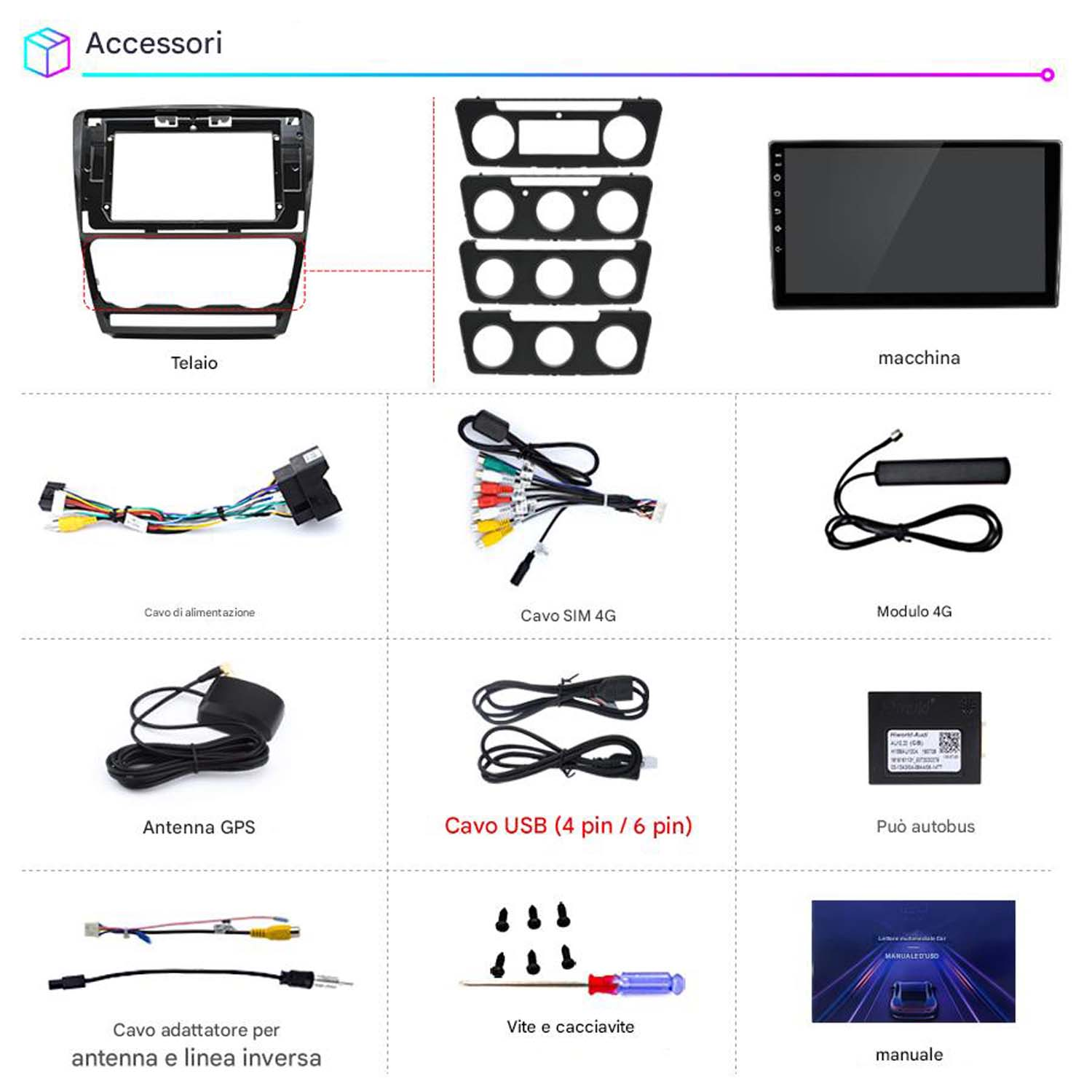 Vari accessori per autoradio, tra cui cablaggio, antenne e un cacciavite.