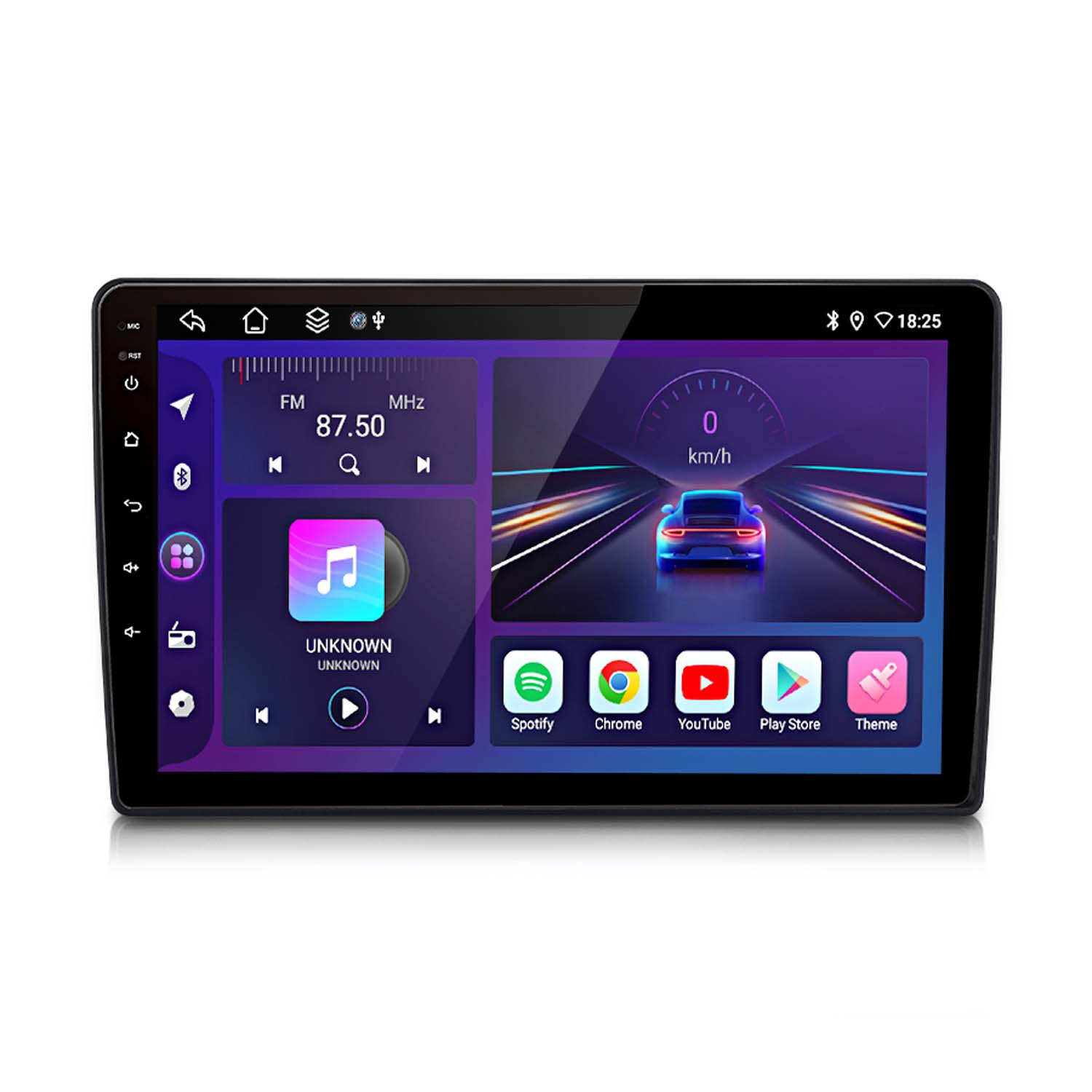 Lo schermo dell'autoradio mostra icone di radio, musica, navigazione e app, con una grafica di un'auto.