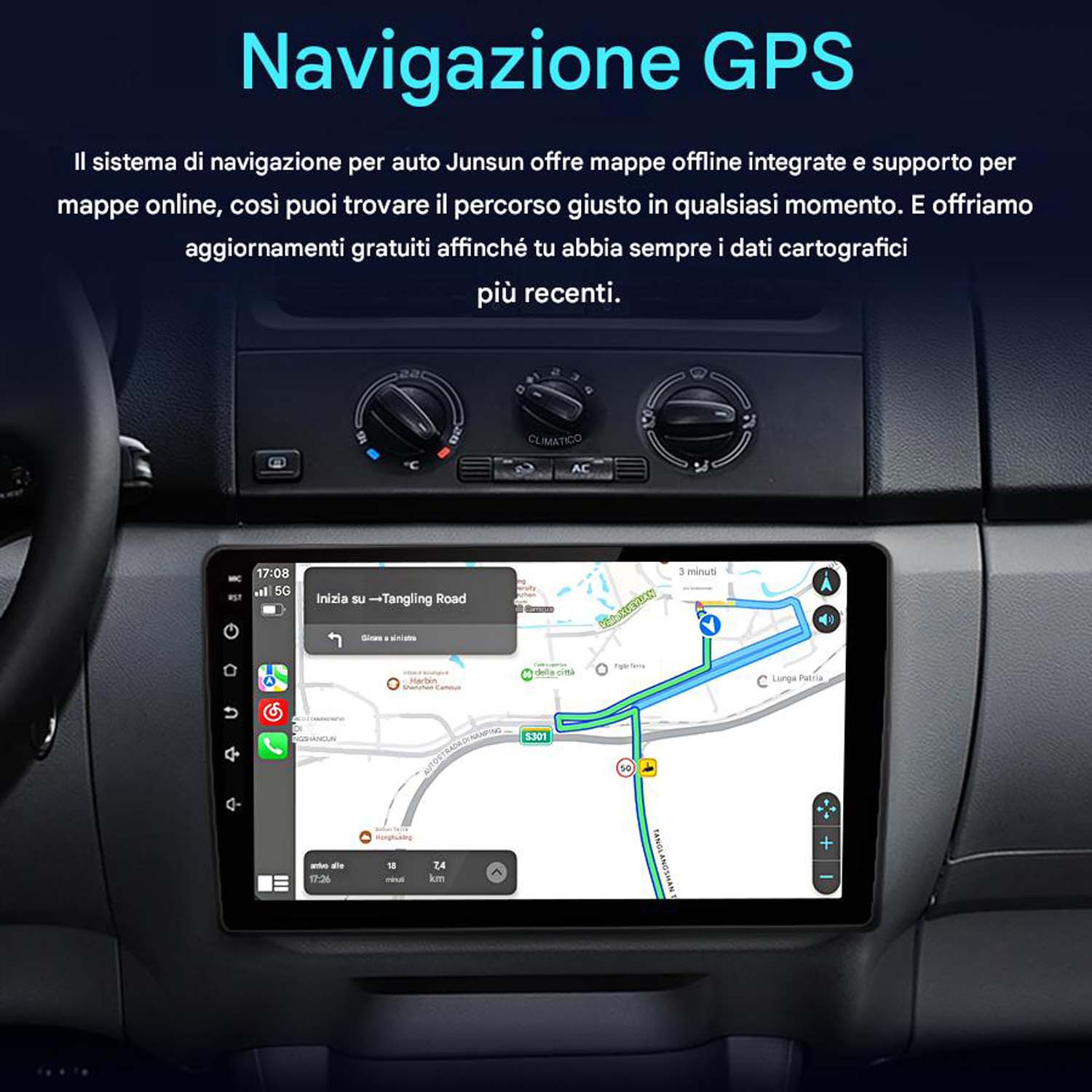 Cruscotto auto con navigazione GPS, mappa e guida del percorso visualizzati sullo schermo.