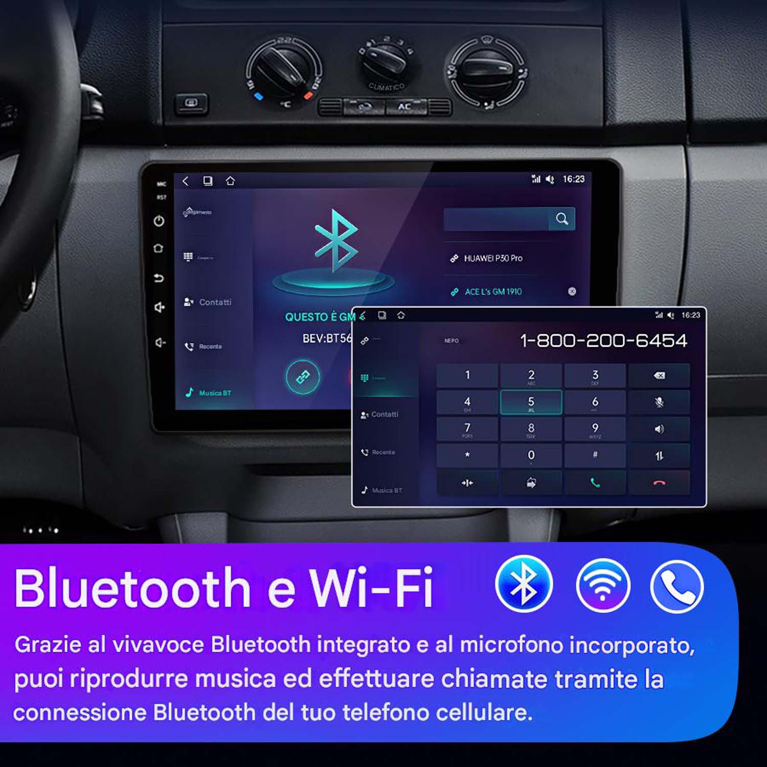 Cruscotto auto con schermo radio che mostra un'interfaccia telefonica, icone Bluetooth e Wi-Fi.