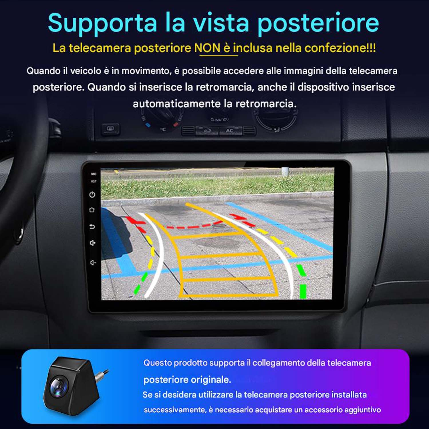 Schermo stereo auto che mostra la visualizzazione della telecamera posteriore con le linee di parcheggio. Nota: telecamera non inclusa.