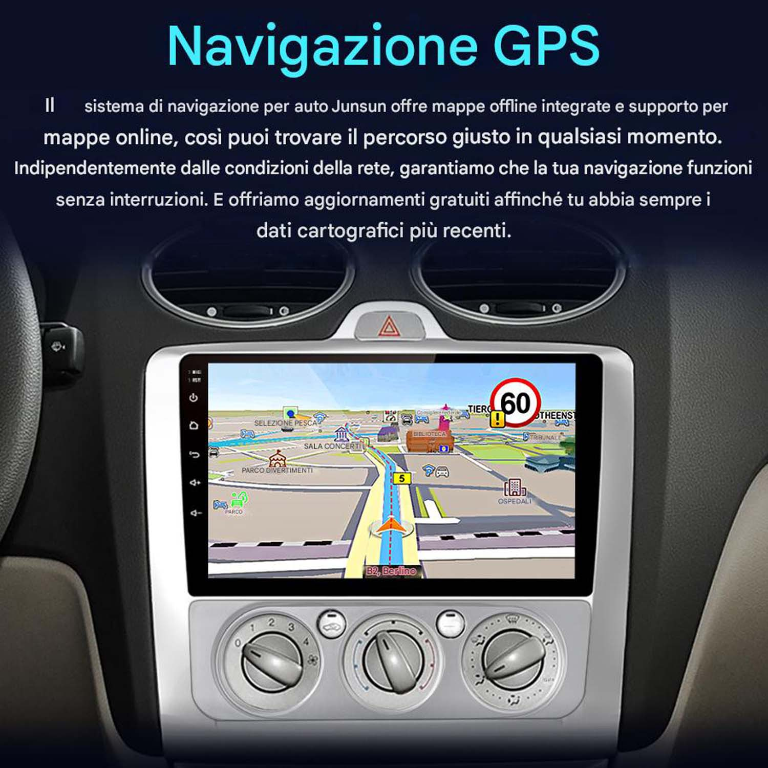 Schermo autoradio che mostra una mappa di navigazione GPS. Cruscotto dell'auto con pulsanti e quadranti visibile.