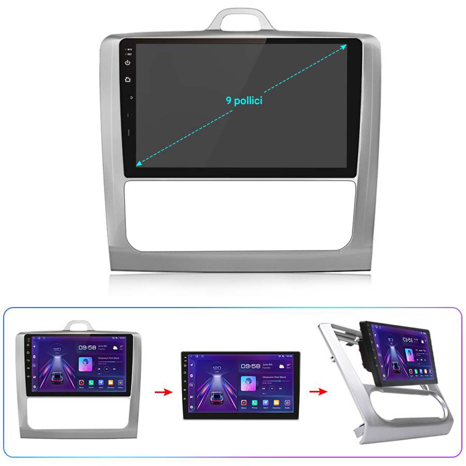 Schermo autoradio con display da 9 pollici, con tre immagini del processo di configurazione sottostanti.