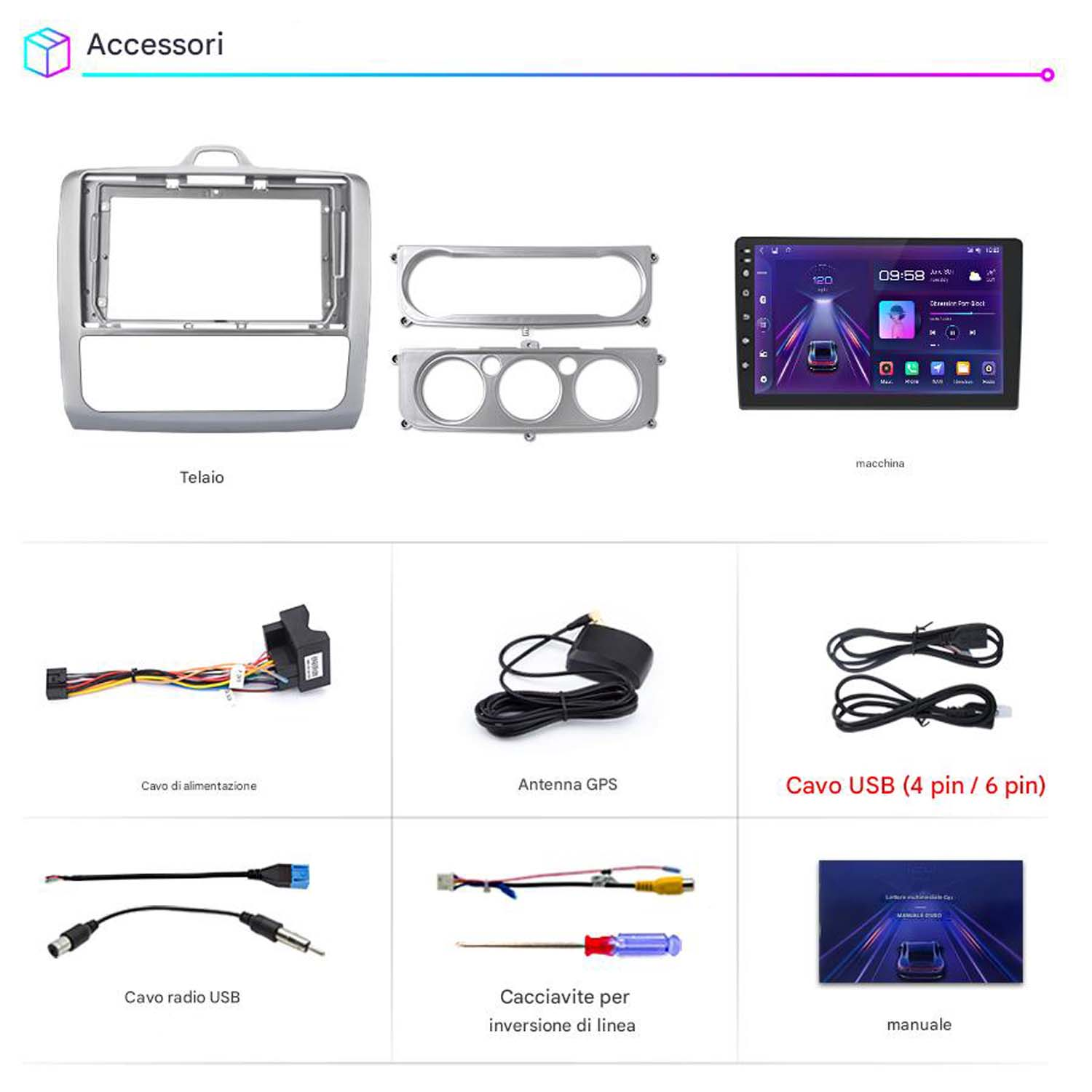 Vari accessori per auto: telaio, cavi, antenna GPS, cavo USB e cavo radio.