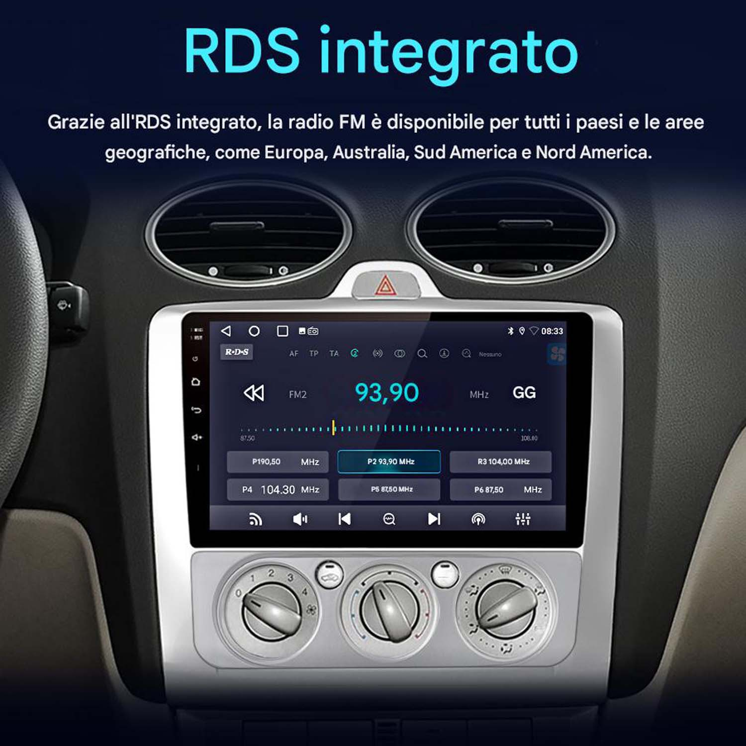 Schermo stereo auto con informazioni radio FM, che mostra la frequenza 93,90 MHz, con logo RDS.