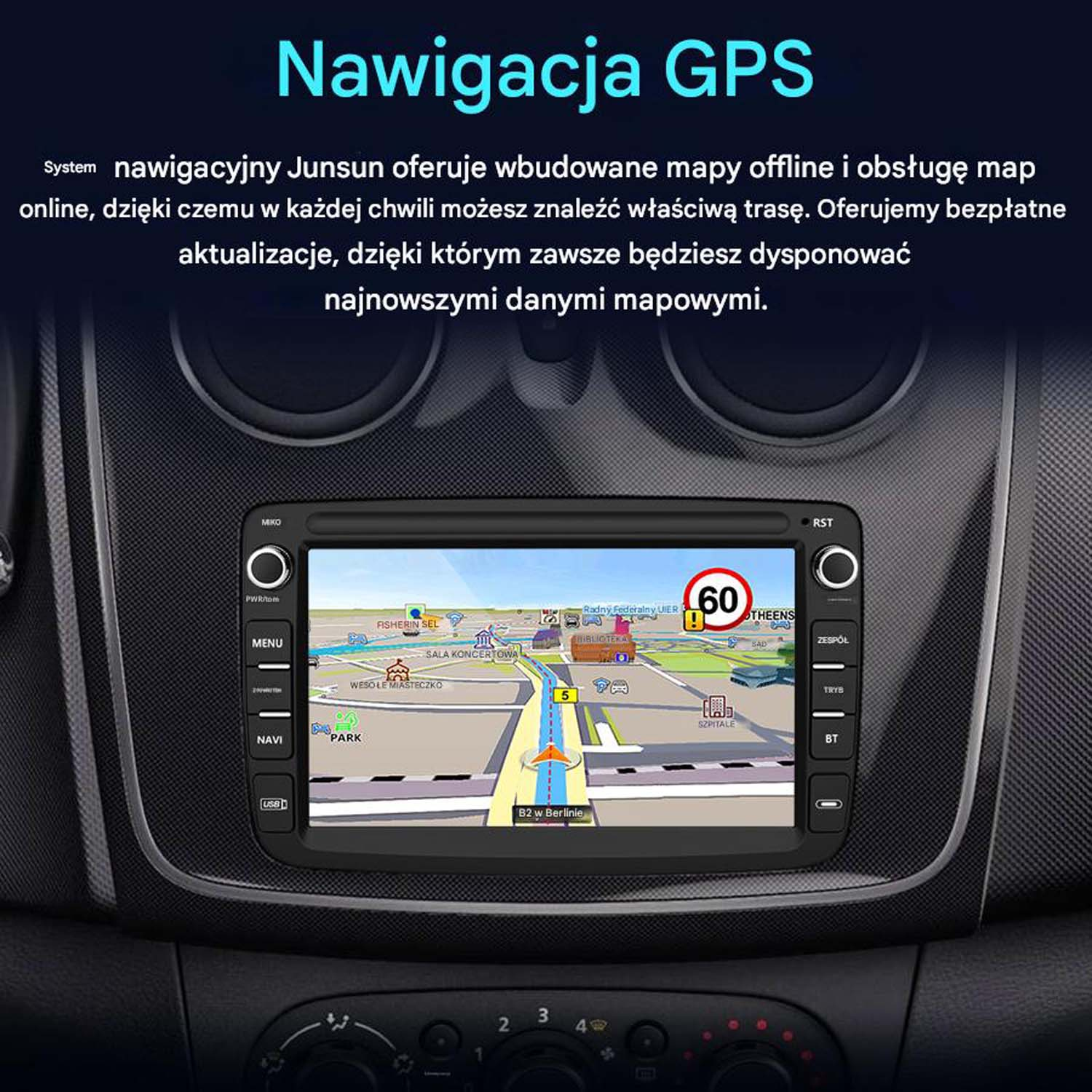 Radio samochodowe z nawigacją GPS i mapą. Widoczny znak ograniczenia prędkości. Obecny tekst w języku polskim.