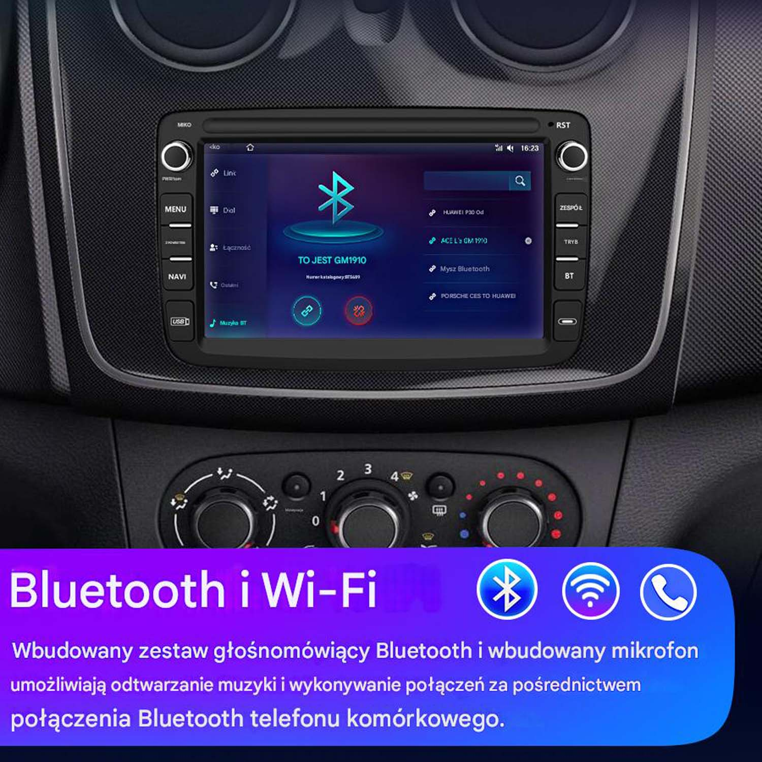 Radio samochodowe wyświetlające opcje Bluetooth i Wi-Fi. Ikony Bluetooth i Wi-Fi są widoczne. Tekst po polsku.