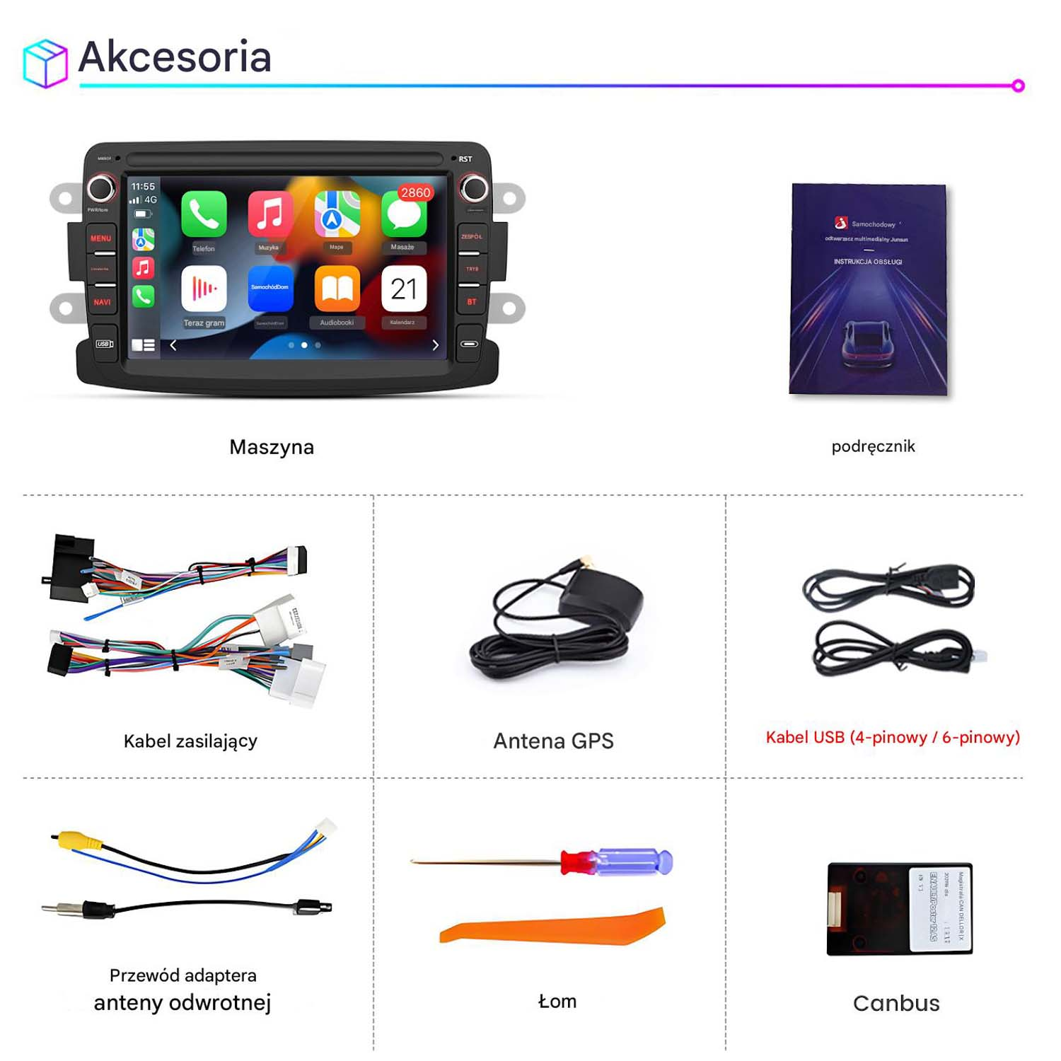 System multimedialny do samochodu z akcesoriami, w tym kablami, anteną GPS i instrukcją na białej powierzchni.