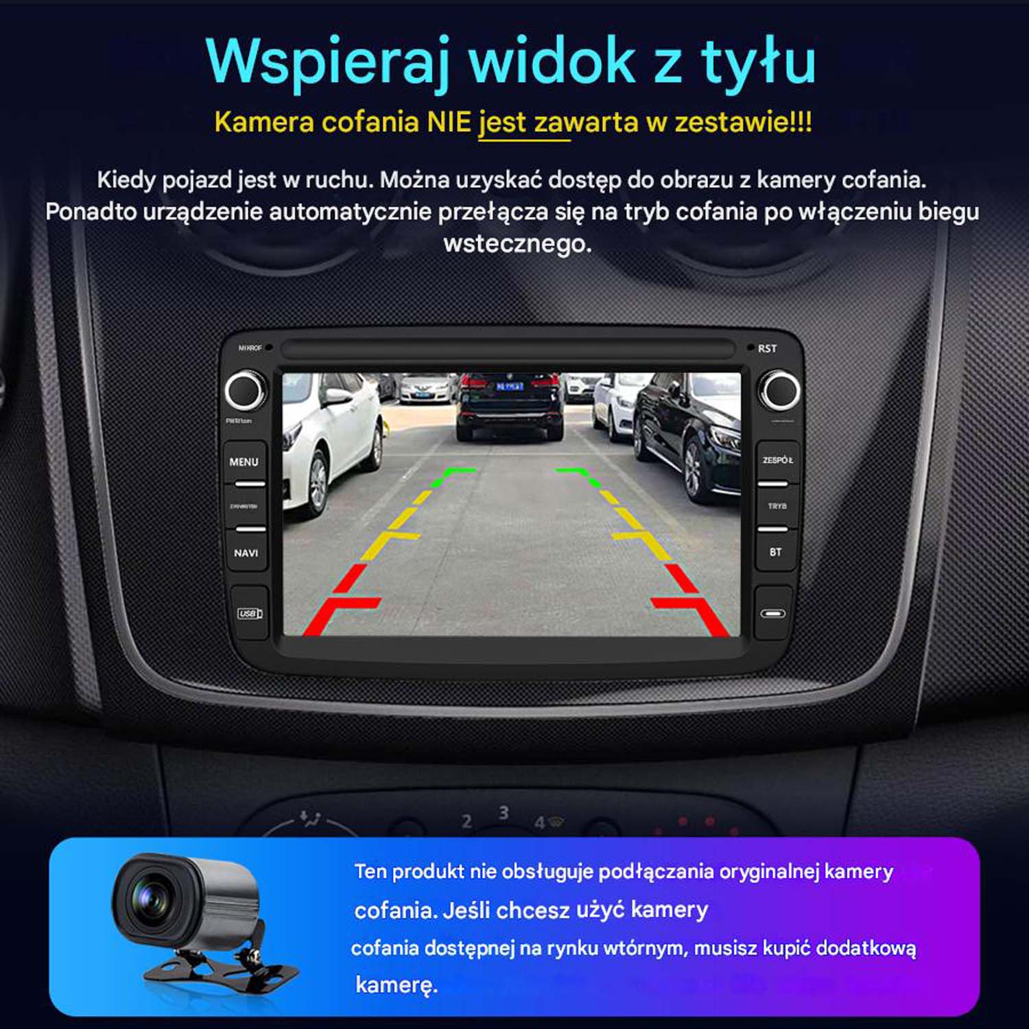 Ekran multimedialny samochodu wyświetlający widok z kamery cofania z liniami parkingowymi i komunikatem ostrzegawczym.