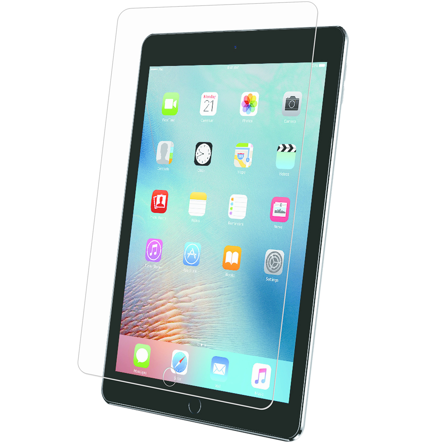 Een tablet met een schermbeschermer. De tablet staat op een witte achtergrond met pictogrammen.
