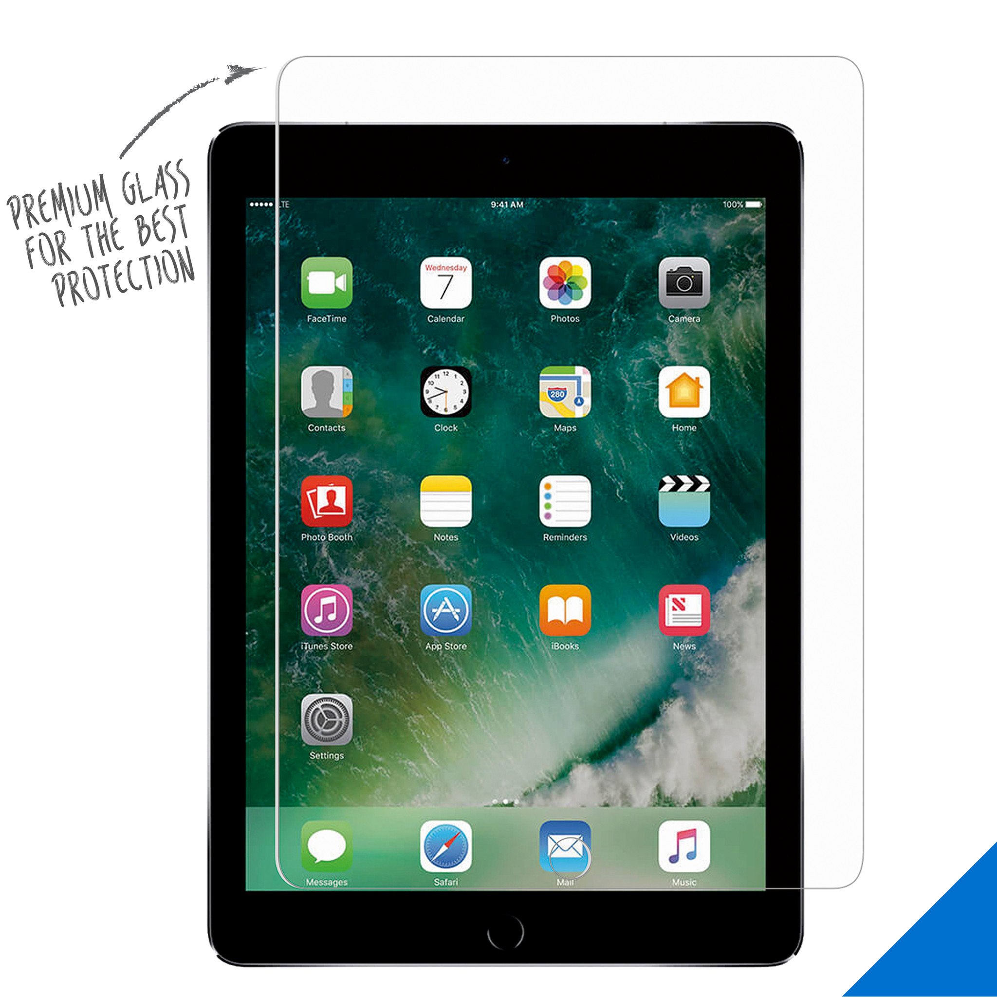 iPad-scherm met een schermbeschermer erop, met app-pictogrammen zichtbaar. Tekst: 'Premium glas voor de beste bescherming'.