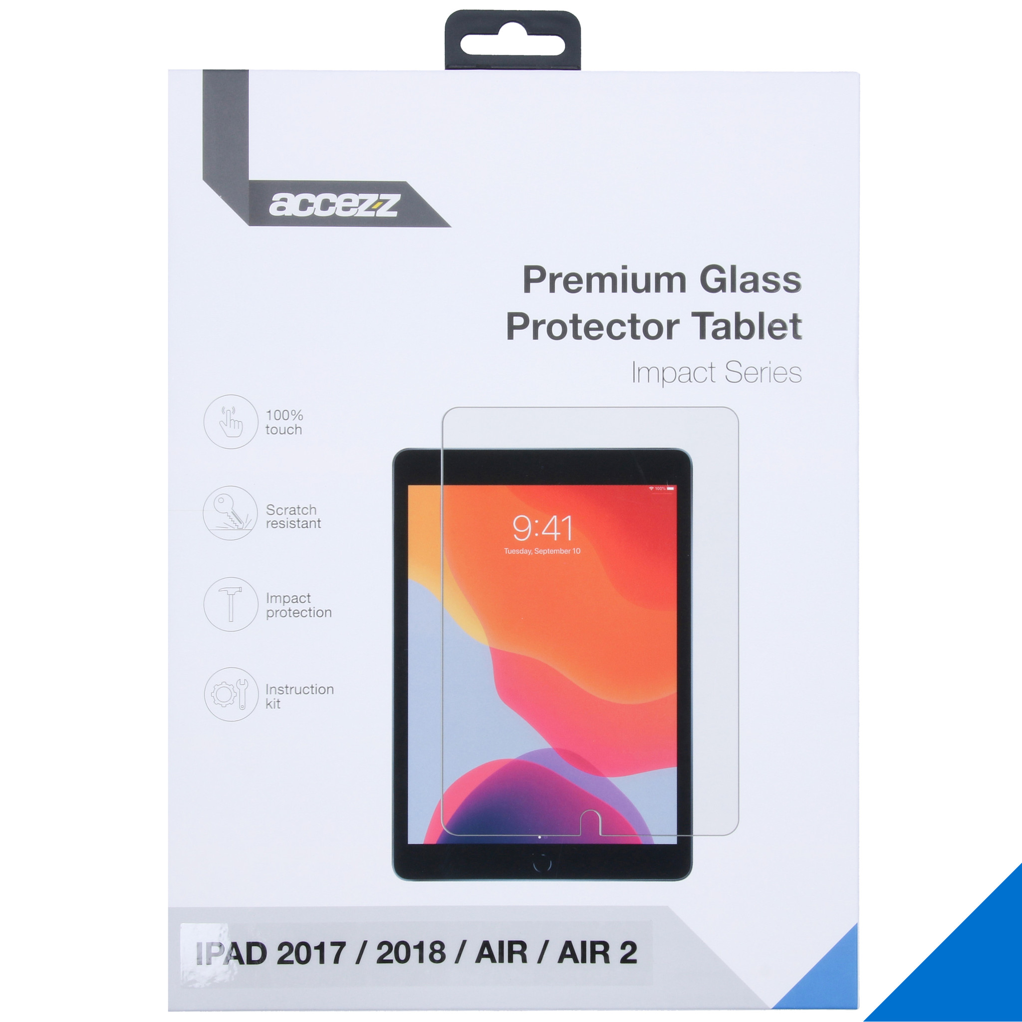 Een schermbeschermer voor tablets in een doos, met de afbeelding van de tablet. Witte achtergrond, blauwe hoek.