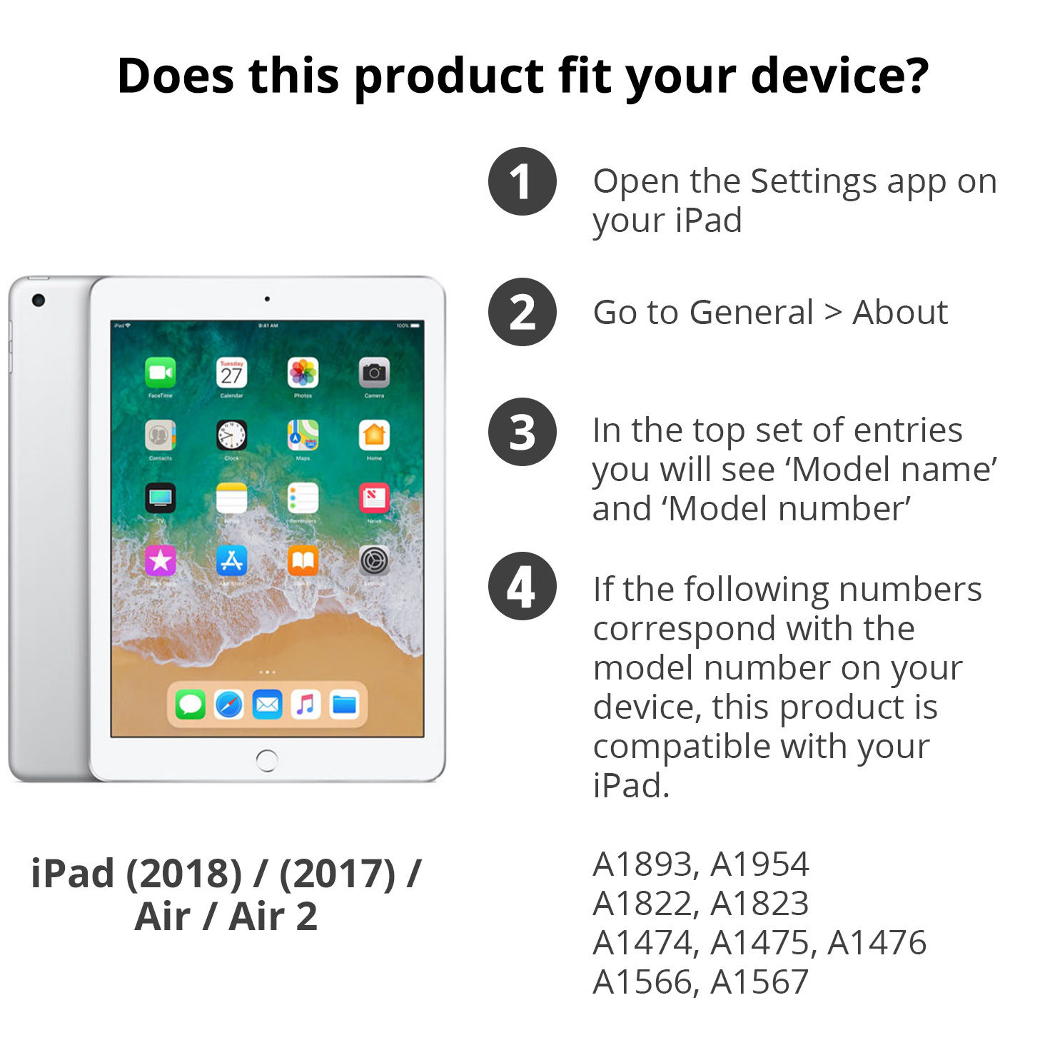 iPad met tekst met modelnummers voor productcompatibiliteit.