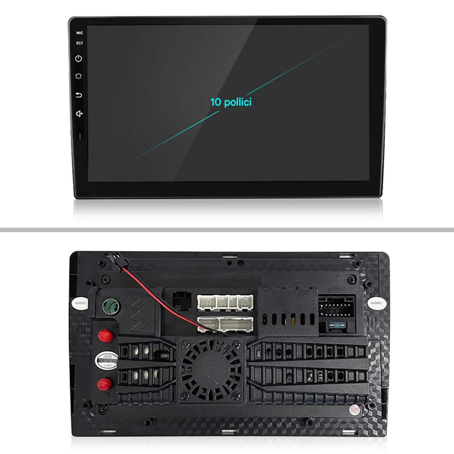 Schermo dell'auto che mostra un display nero. Mostra le parti posteriore e anteriore del dispositivo.
