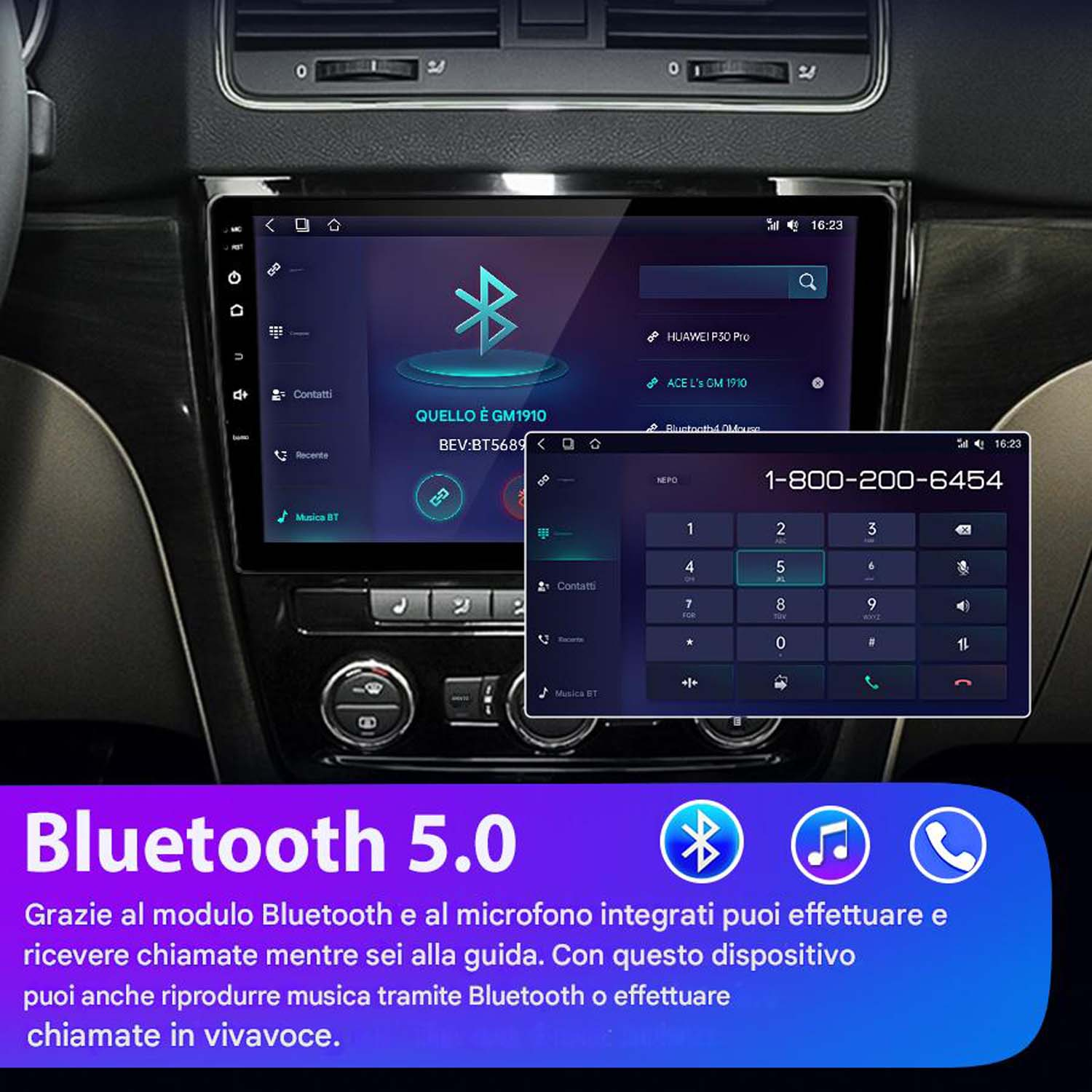 Schermo autoradio con Bluetooth 5.0, un tastierino numerico e un elenco contatti sullo schermo.