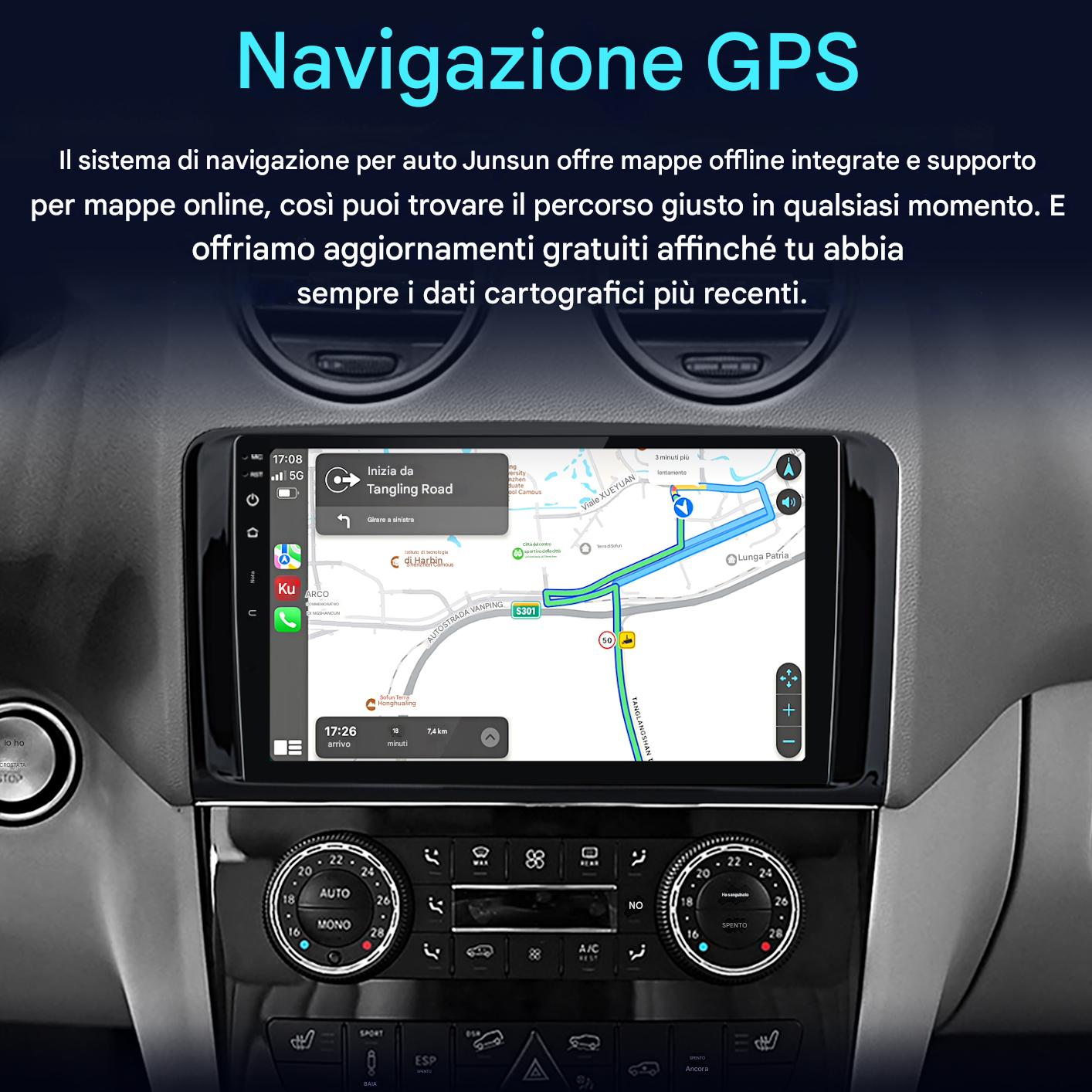 Cruscotto auto con schermo di navigazione GPS che mostra una mappa del percorso e i comandi dell'auto.