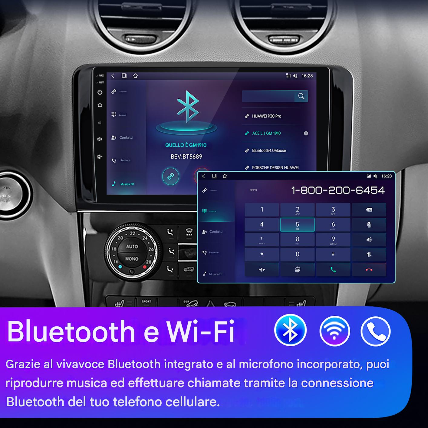 Sistema audio per auto che mostra uno schermo del telefono con un'icona Bluetooth blu e una tastiera telefonica.
