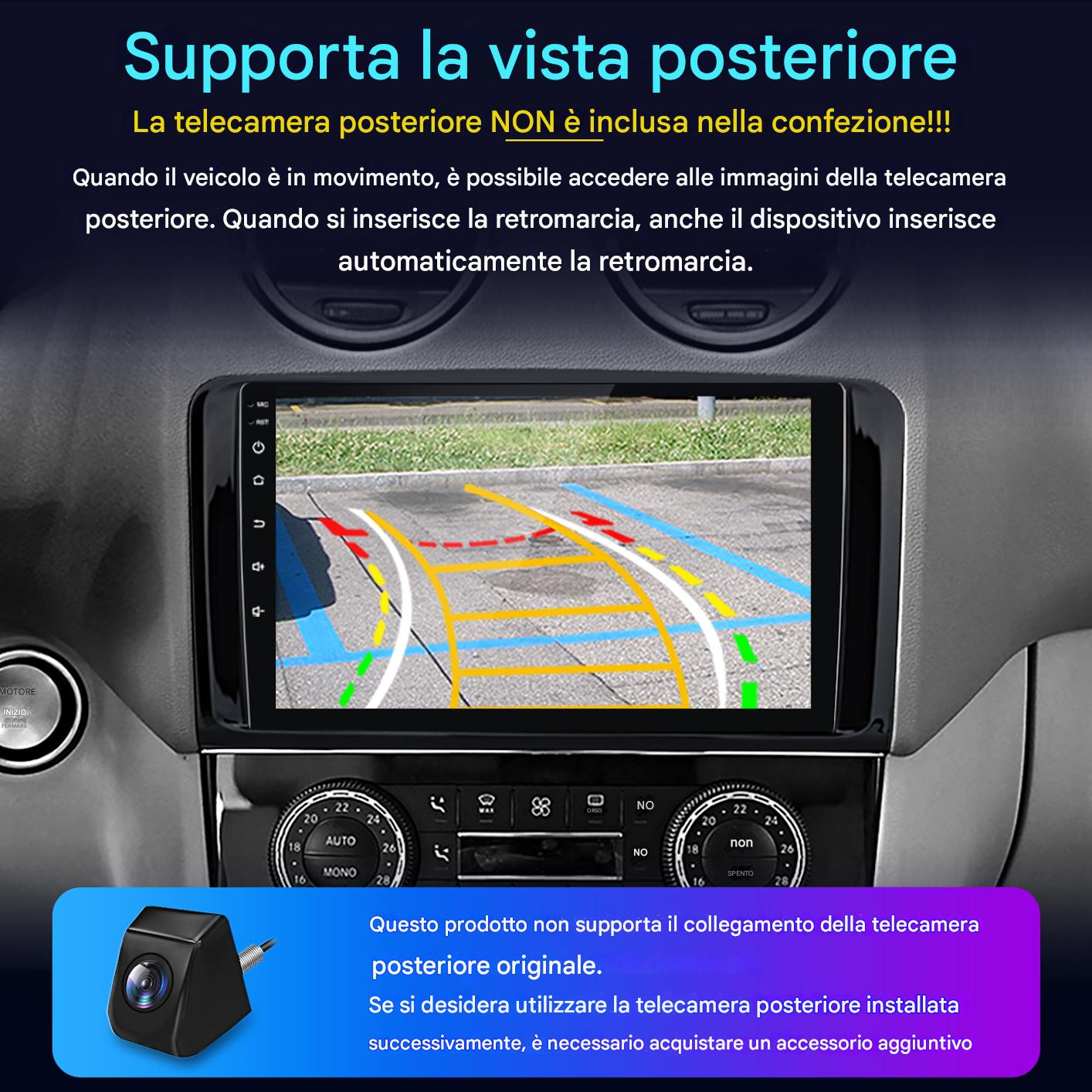 Schermo autoradio con telecamera posteriore e linee di parcheggio, testo italiano e icona fotocamera.