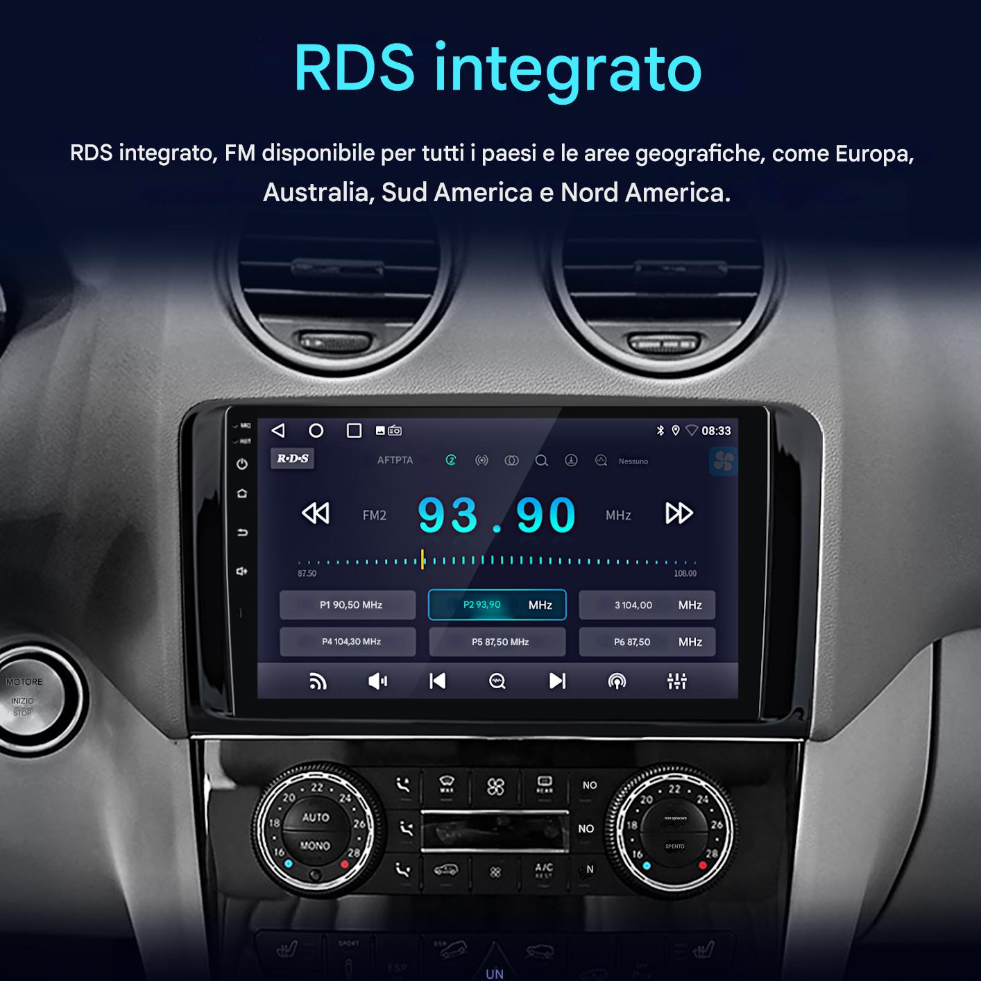 Cruscotto auto con schermo radio che mostra le informazioni radio FM, RDS integrato.