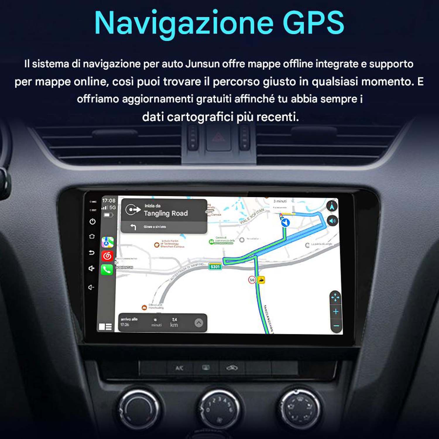 Cruscotto auto che mostra una mappa di navigazione GPS con guida del percorso.