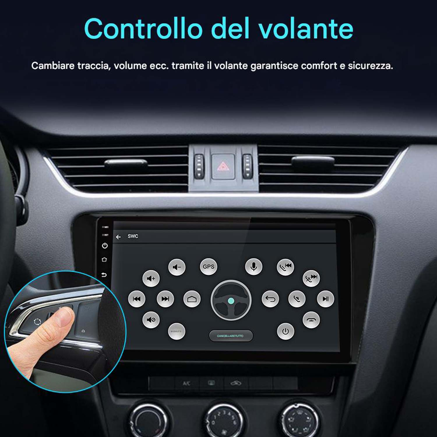 Autoradio con icone di controllo del volante, lo schermo mostra varie funzioni nel cruscotto.