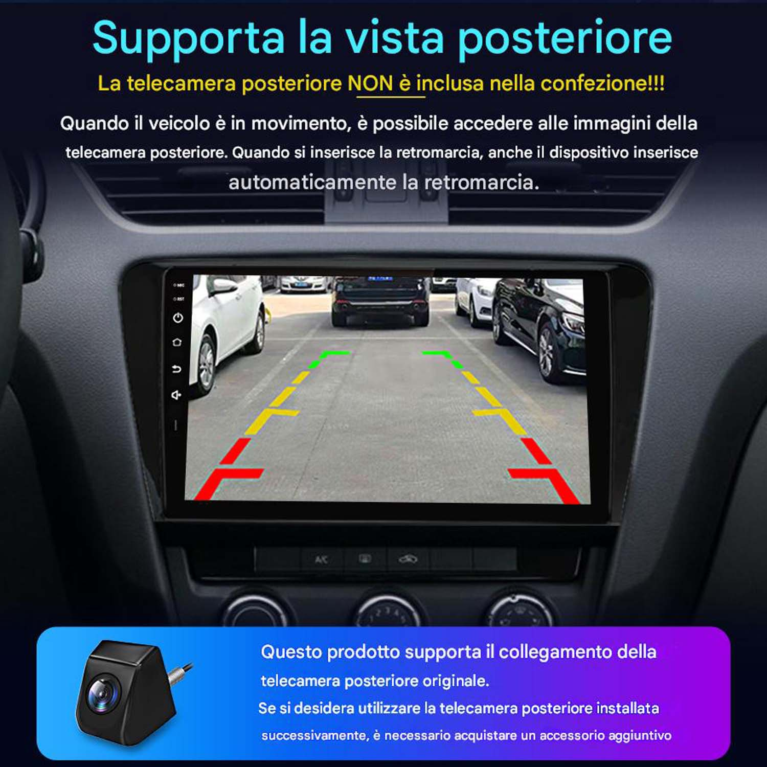 Cruscotto auto con schermo radio che mostra una vista posteriore di un parcheggio.