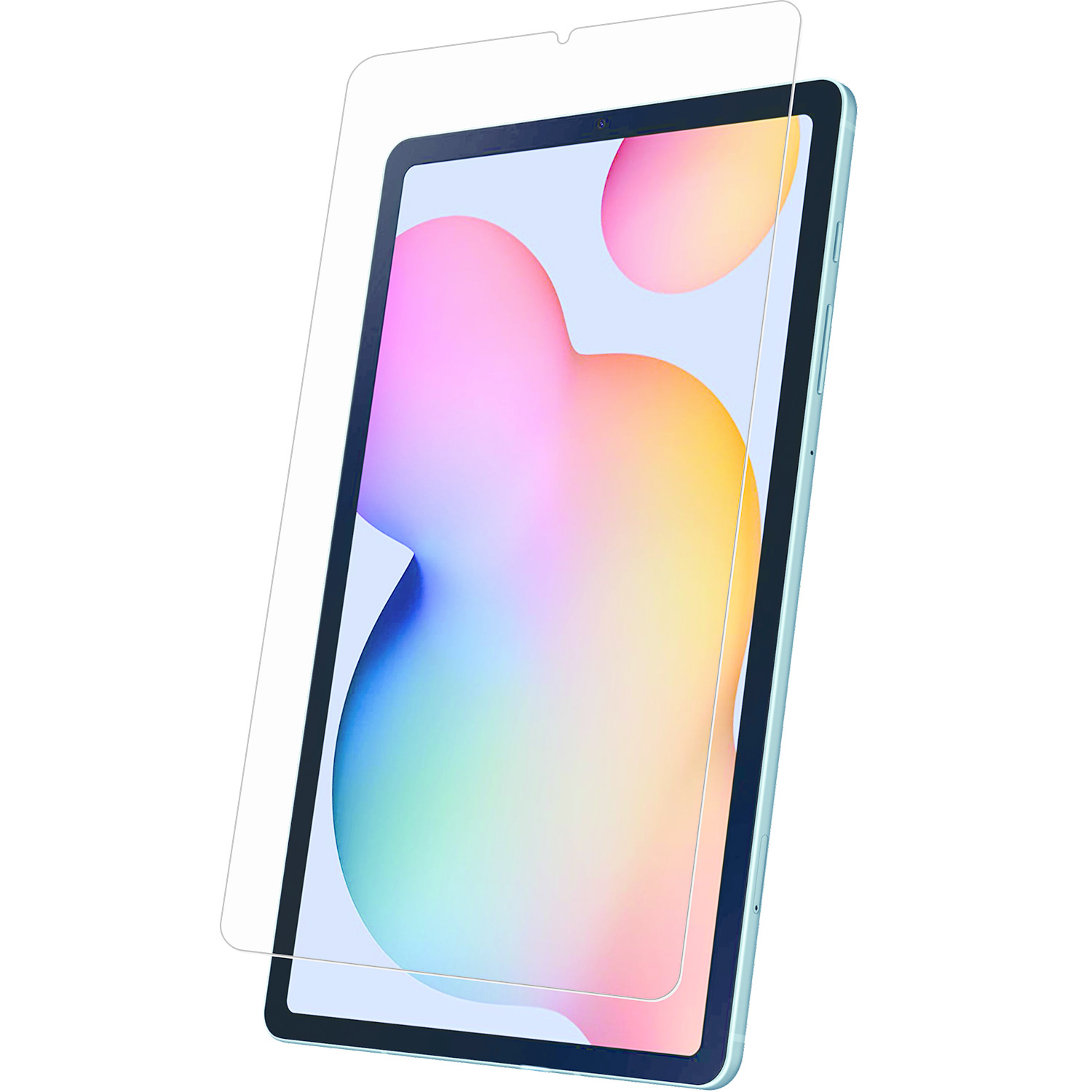 Tablet met schermbeschermer, met een lichtblauwe rand, tegen een witte achtergrond.