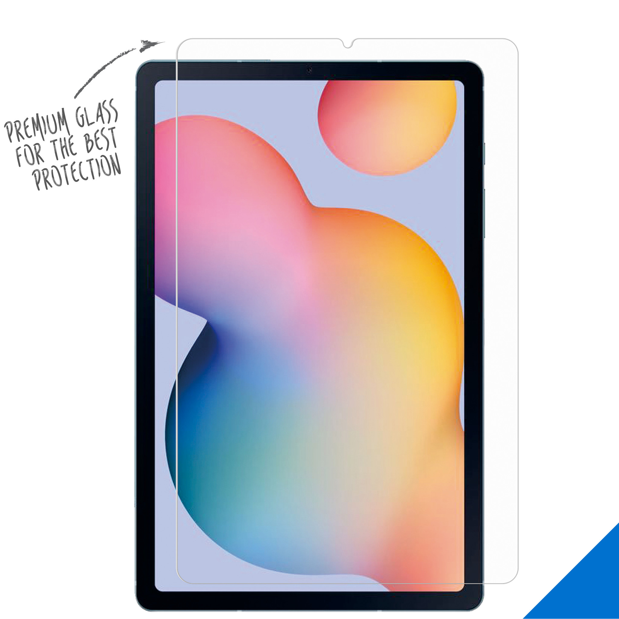Tablet met schermbeschermer, met kleurrijke abstracte kunst. Tekst: 'Premium glas voor de beste bescherming'.