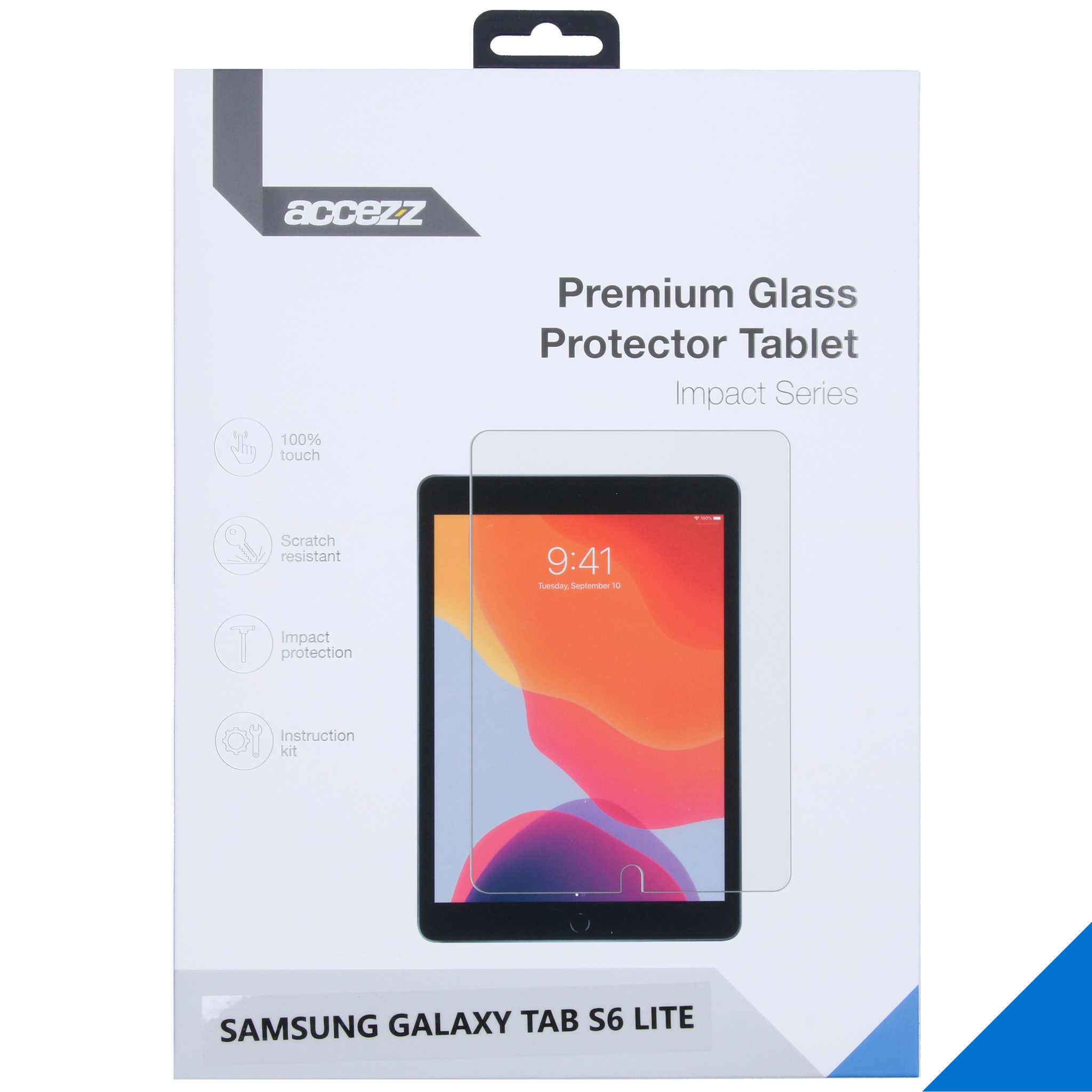 Verpakking van schermbeschermer voor tablet met tablet erin.