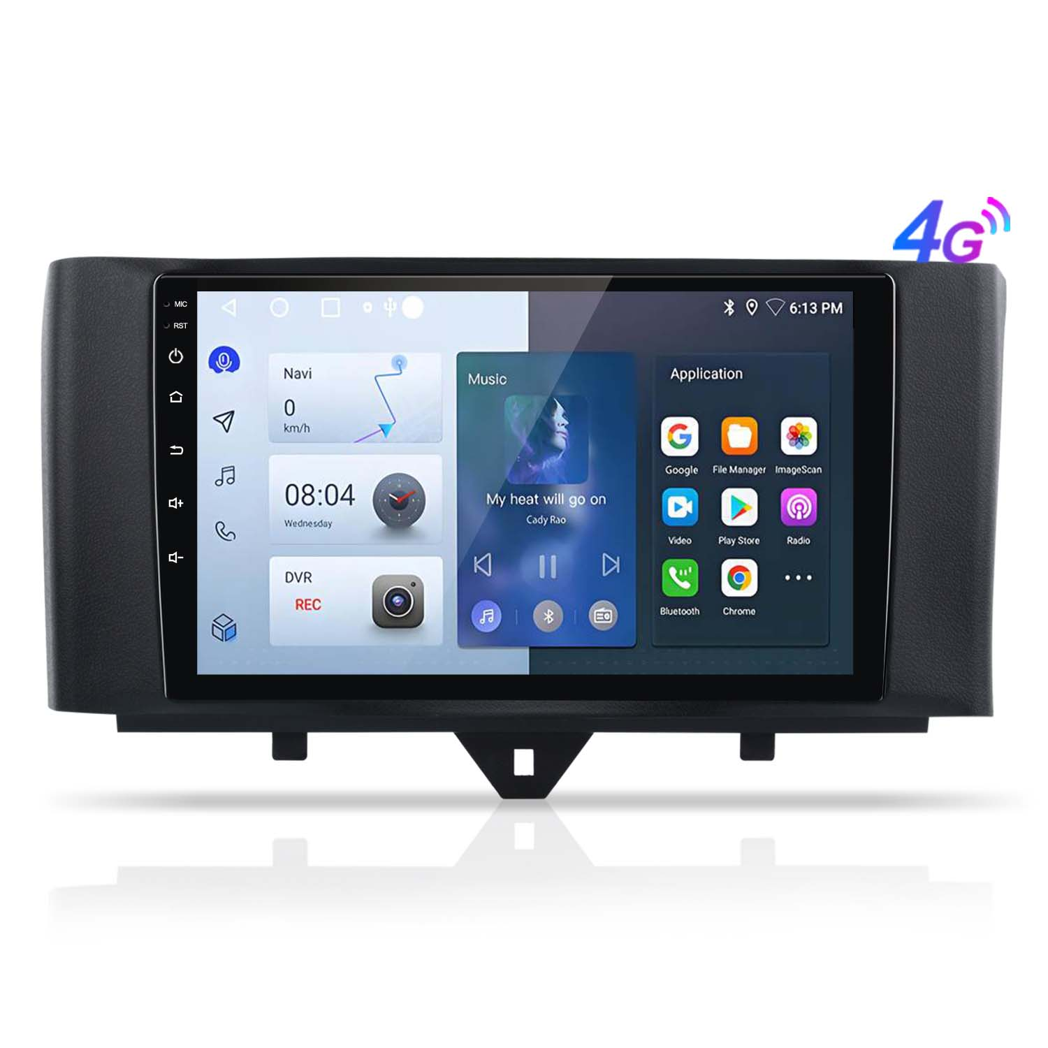 Schermo del cruscotto dell'auto che mostra un lettore musicale, navigazione e icone delle app, il tutto con un simbolo 4G.