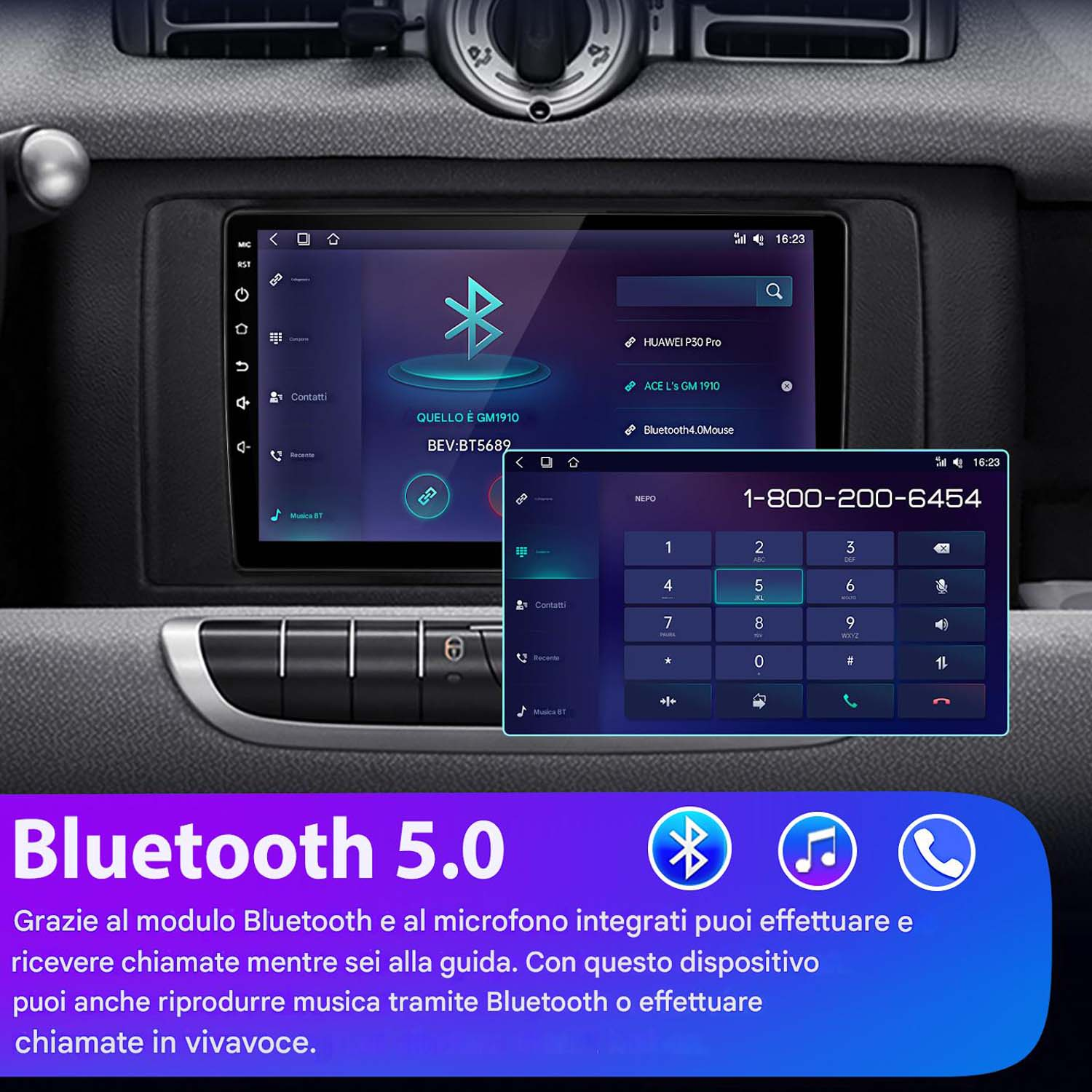 Schermo del cruscotto auto che mostra le impostazioni Bluetooth con un'interfaccia di composizione.