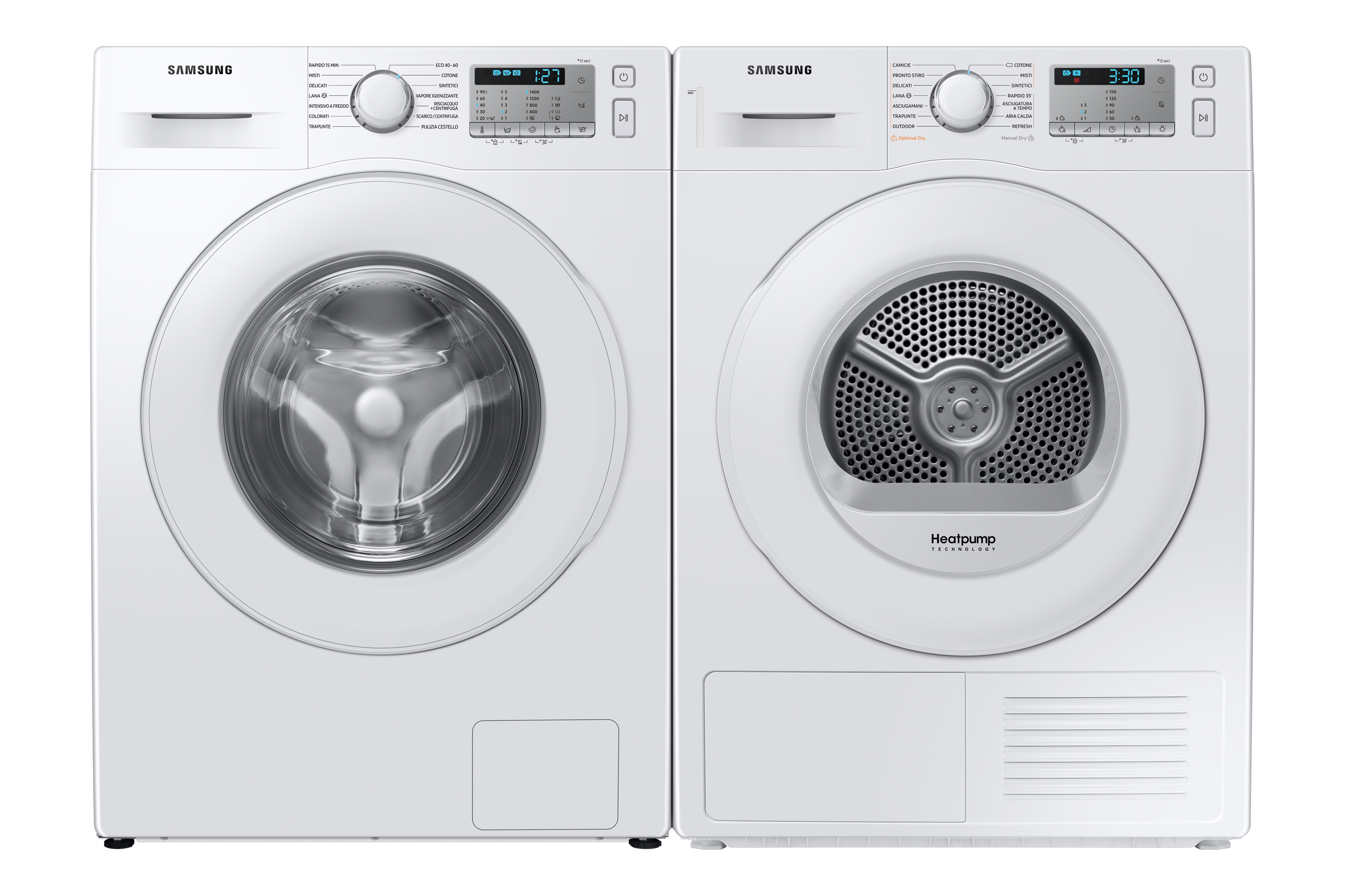Set lavatrice e asciugatrice Samsung bianchi. L'asciugatrice ha un'etichetta con tecnologia Heatpump.