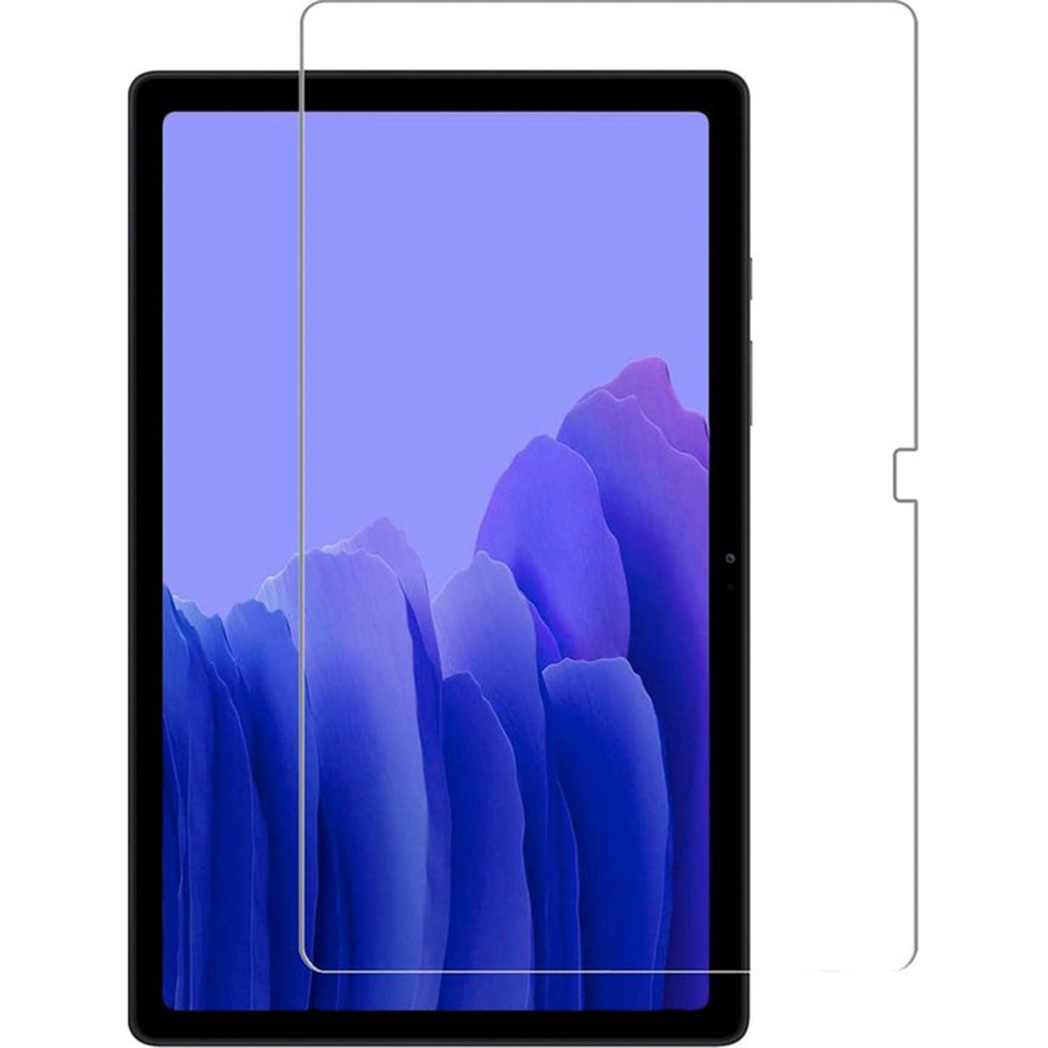 Tablet met een schermbeschermer, weergegeven op een witte achtergrond.
