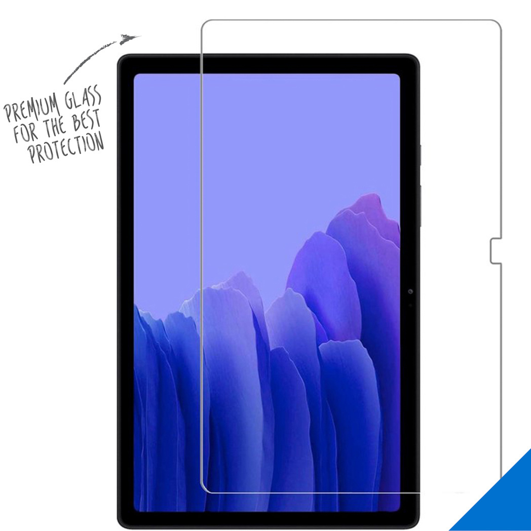 Tablet met schermbeschermer. De beschermer is helder en bedekt het scherm. Tekst: Premium glas voor de beste bescherming.
