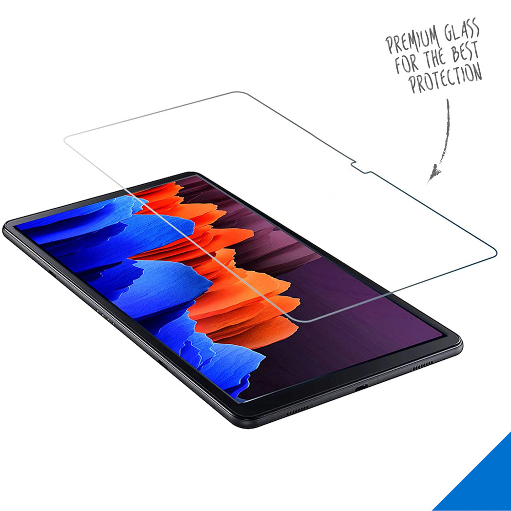 Tablet met een schermbeschermer, met tekst over bescherming.
