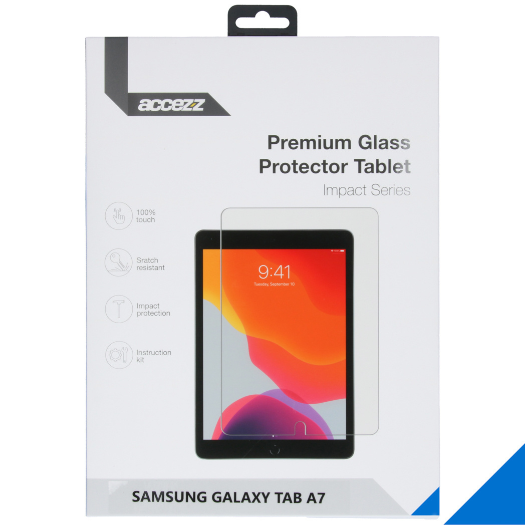 Een tablet schermbeschermer doos met pictogrammen en een tablet erin. Merk Acczezz.