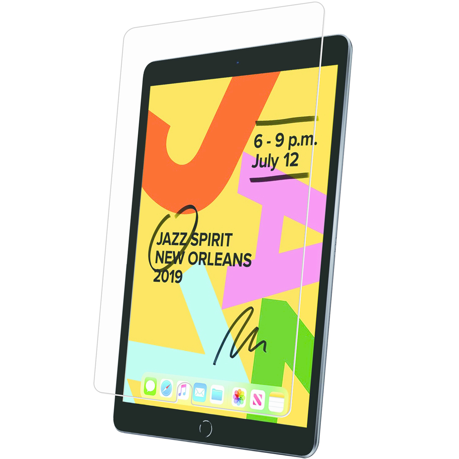 Tablet met schermbeschermer. Toont tekst, kleuren en iconen.