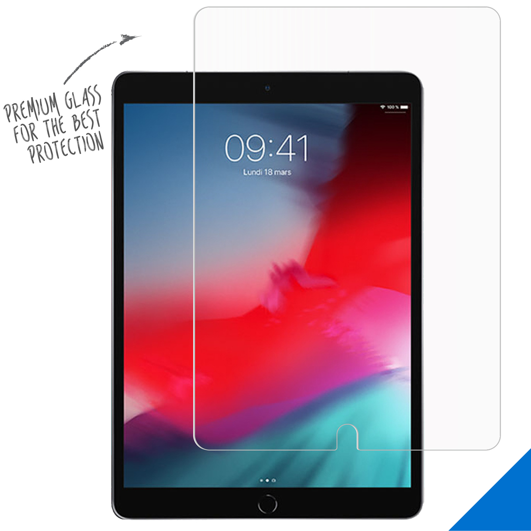Tablet met schermbeschermer met een klok en datum. Tekst: 'Premium glas voor de beste bescherming'.