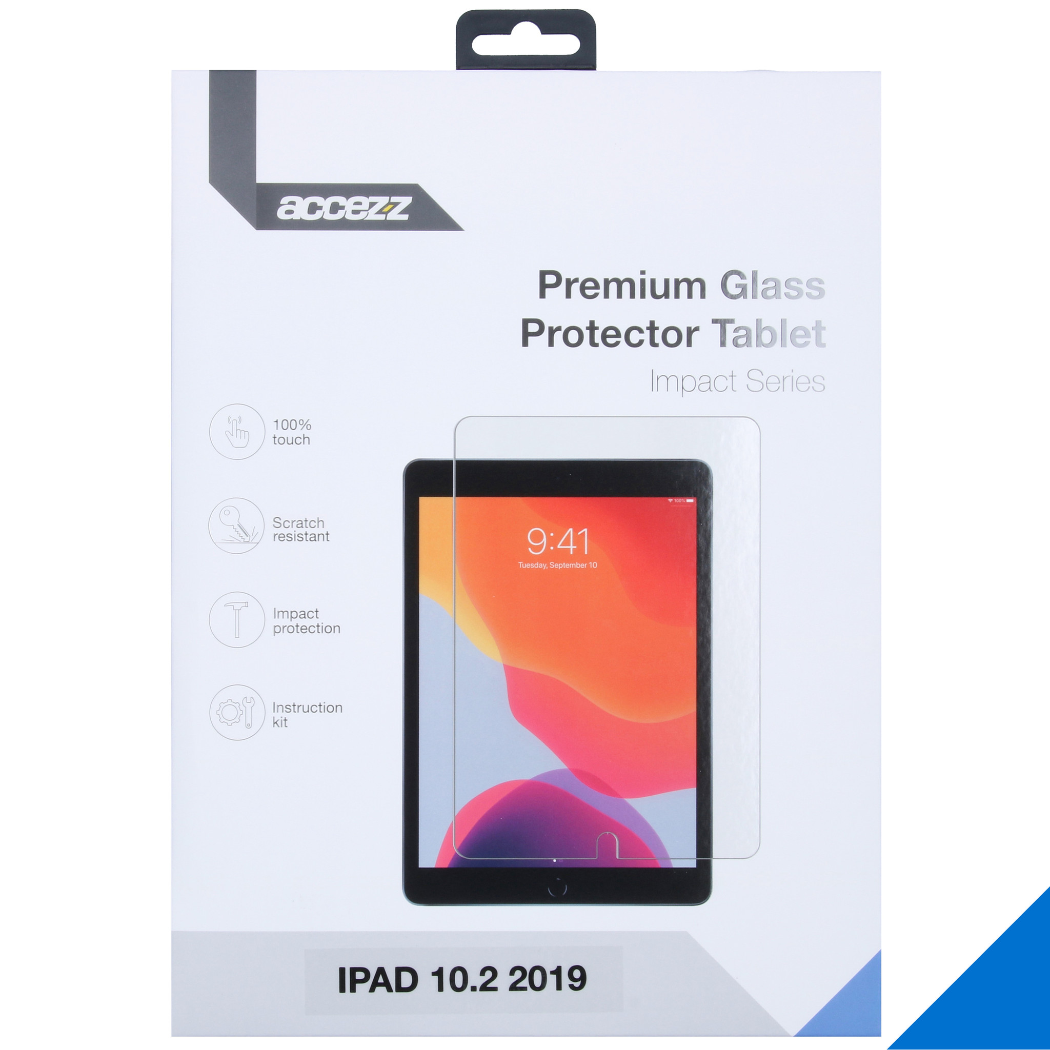 Tablet met schermbeschermer en verpakking met functies.